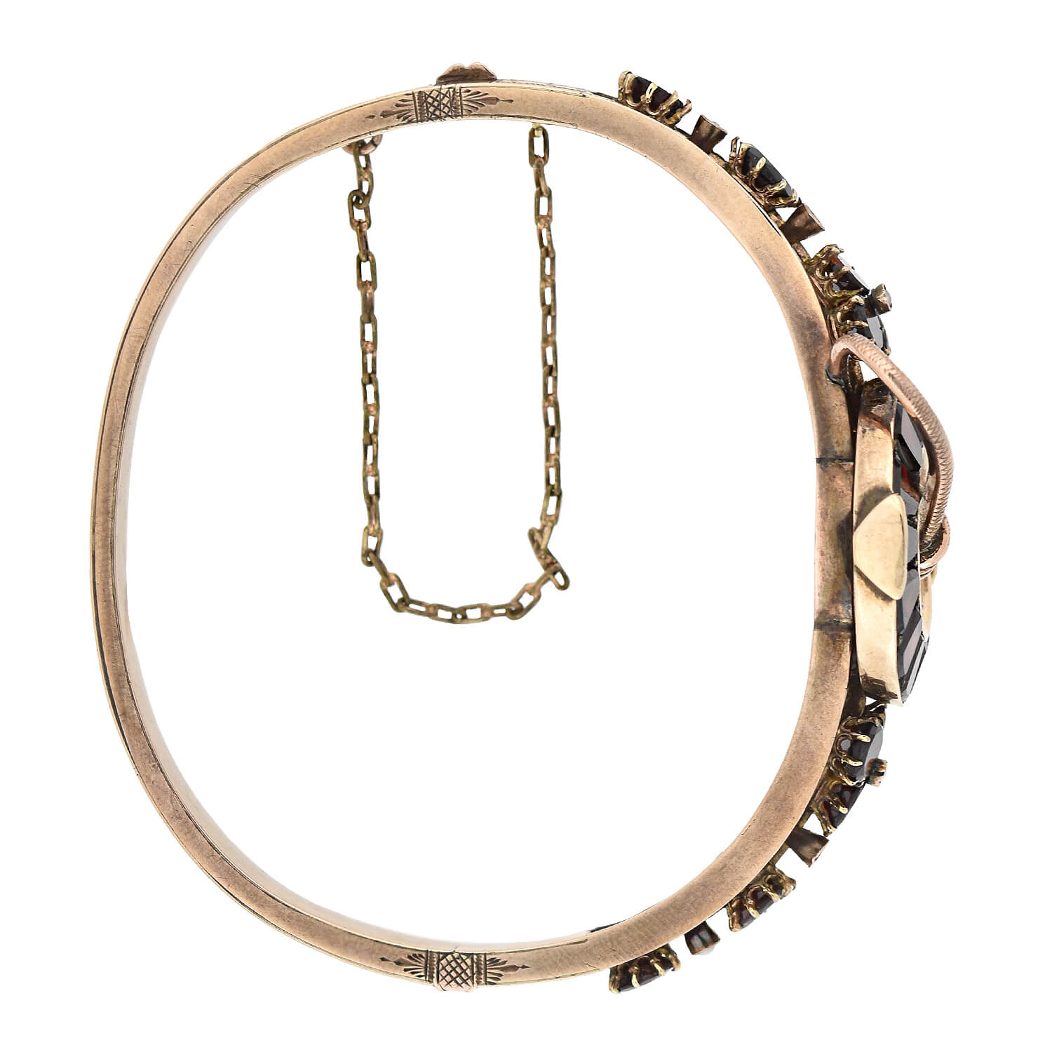 Victorian Style 9K Gold Garnet and Pearl Horseshoe Motif Bangle Bracelet - Elegant Jewelry for Women, Perfect Gift for Birthday, Anniversary & Special Occasions
