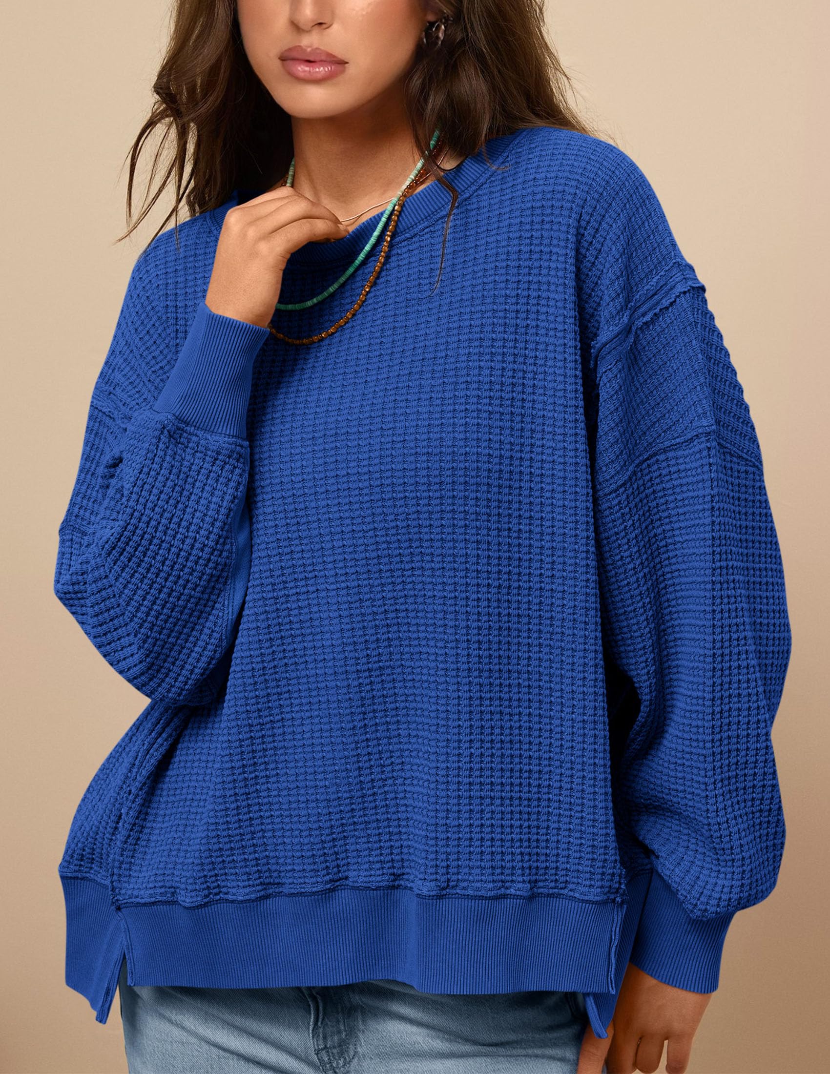 PRETTYGARDEN Women's Oversized Crewneck Sweatshirt - Soft Waffle Knit Long Sleeve Pullover Top for Fall & Spring | Casual Loungewear, Streetwear Fashion