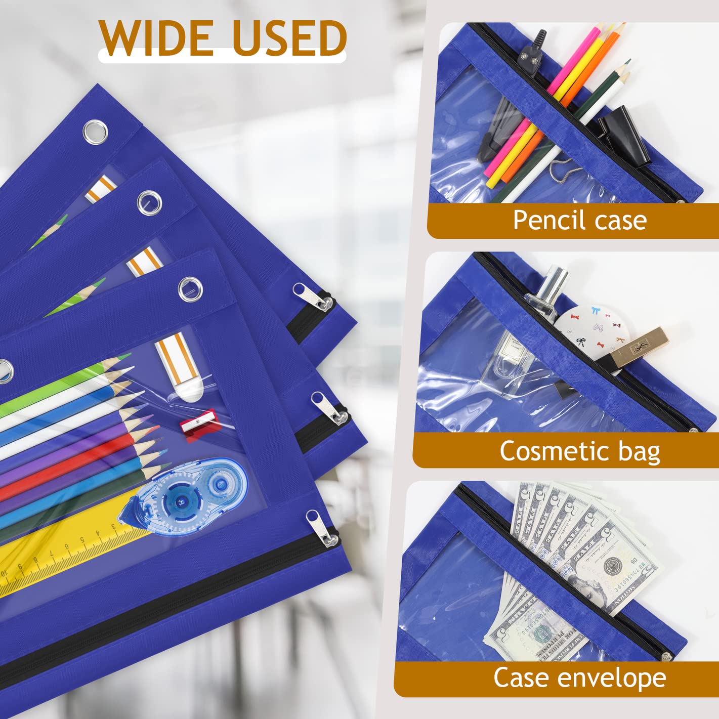 Yoeejob 3 Pack Blue Zippered Pencil Pouch for 3 Ring Binder - Clear Window Pen Holder Case for School, Office & College Organization (Perfect for Students, Teachers & Professionals)