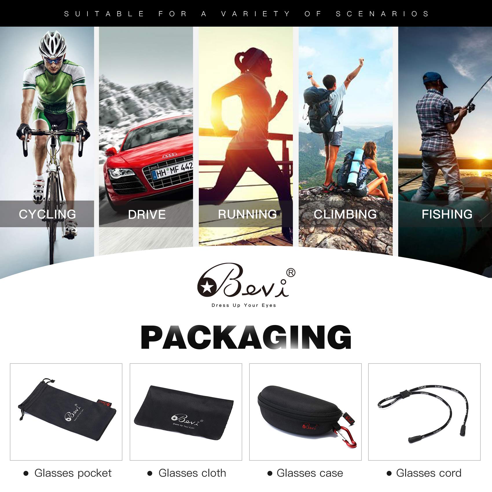 Bevi Polarized Sports Sunglasses for Men & Women - Ultralight TR90 Frame, Flexible & Durable UV Protection - Perfect for Running, Cycling, Fishing & Outdoor Activities