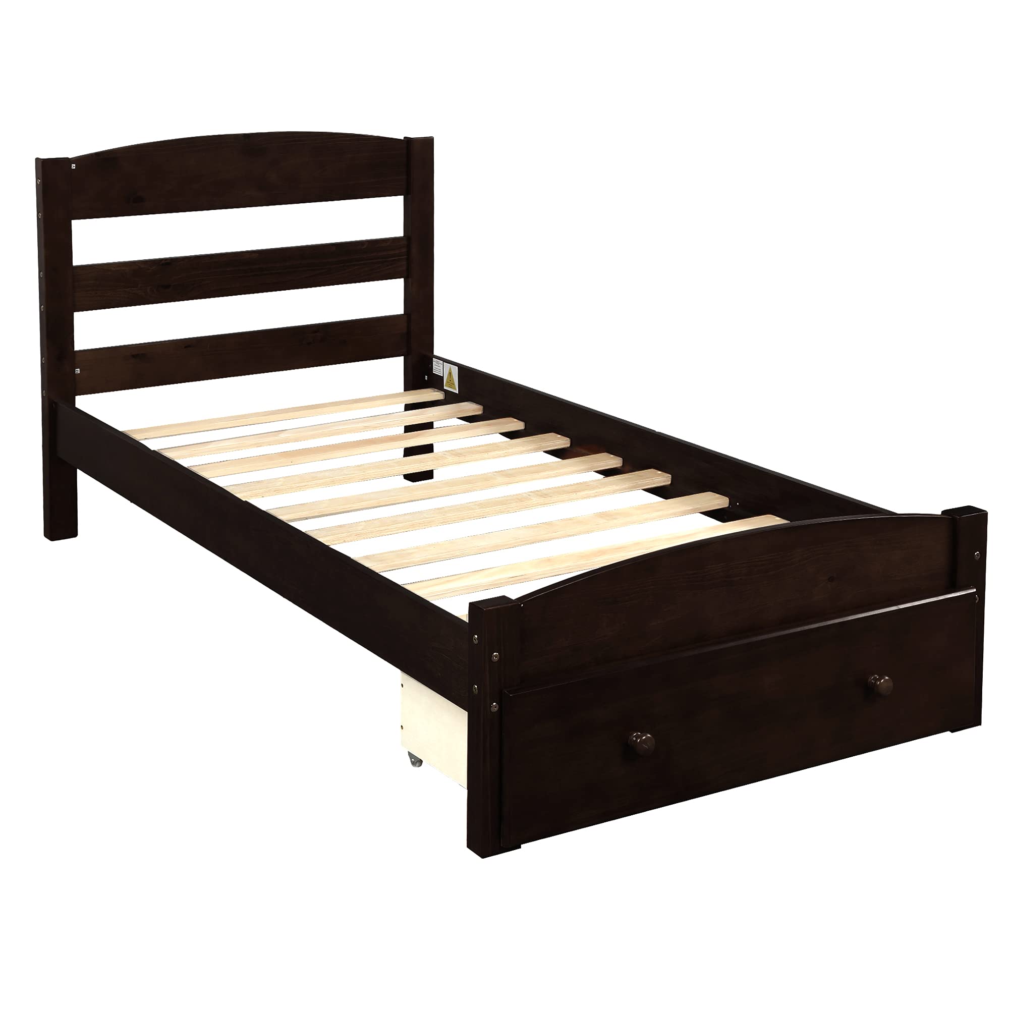**Platform Twin Bed Frame with Storage Drawer & Wood Slat Support - No Box Spring Needed, Espresso Finish - Perfect for Small Bedrooms, Guest Rooms & Dormitories**