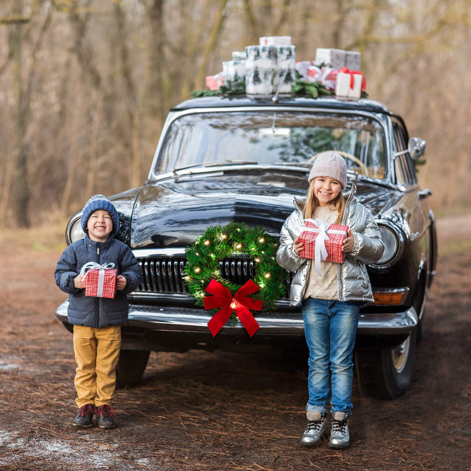12V LED Christmas Car Wreath with Artificial Leaves - Automotive Cigarette Lighter Powered Holiday Truck Decor for Car Grille Mounting | Perfect for Holiday Road Trips, Christmas Parades & Festive Vehicle Decorations