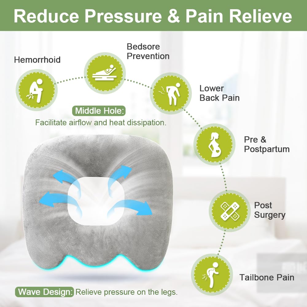 **Donut Pillow for Hemorrhoids & Tailbone Pain Relief - Postpartum & Bed Sore Cushion - Pressure Ulcer & Surgery Recovery Seat Cushion - Comfort for Office, Car & Home Use**