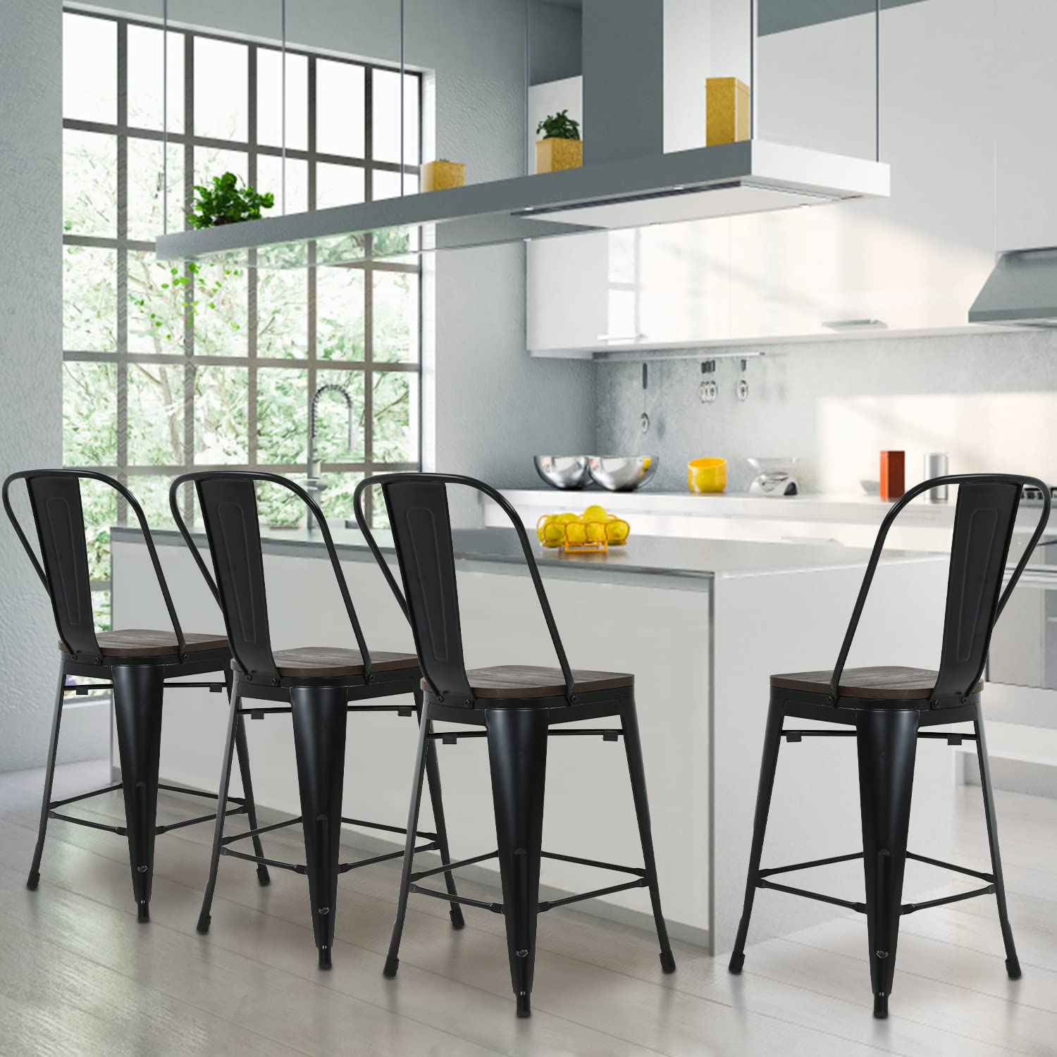 4 Pack 24 Inch Counter Height Metal Bar Stools with Removable Back - Modern Farmhouse Style High Back Kitchen Dining Chairs for Home, Restaurant & Bar - Black