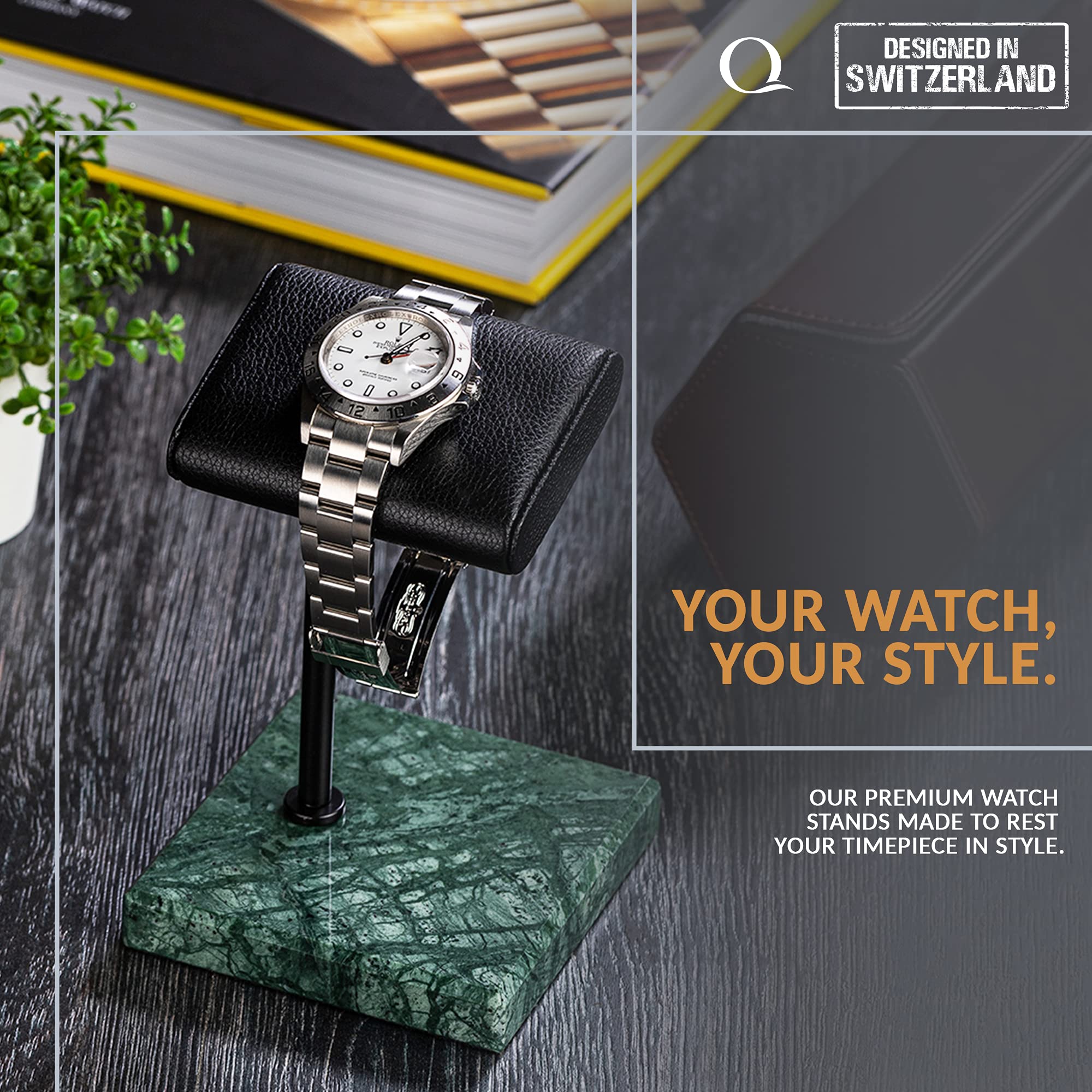 Italian Napa Leather & Natural Marble Watch Stand - Premium Handcrafted Watch Display Holder for Rolex, Omega & Luxury Watches - Jewelry Organizer Accessory (Green/Black) - Perfect for Home Office, Dresser & Watch Collection Display