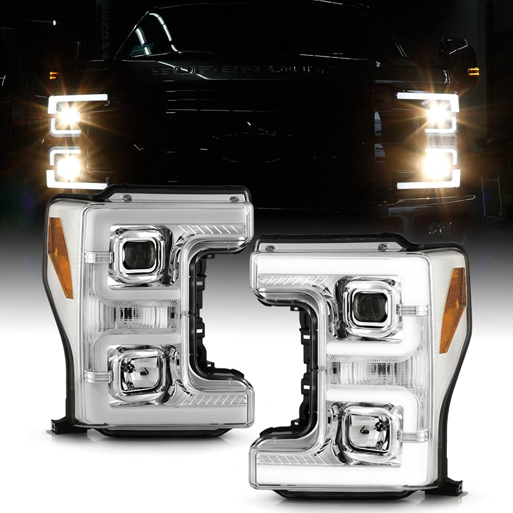 ACANII Chrome Dual LED Tube Projector Headlights Set for 2017-2019 Ford F250 F350 Super Duty - Left & Right Pair - Upgrade Your Truck's Lighting for Night Driving & Off-Road Adventures