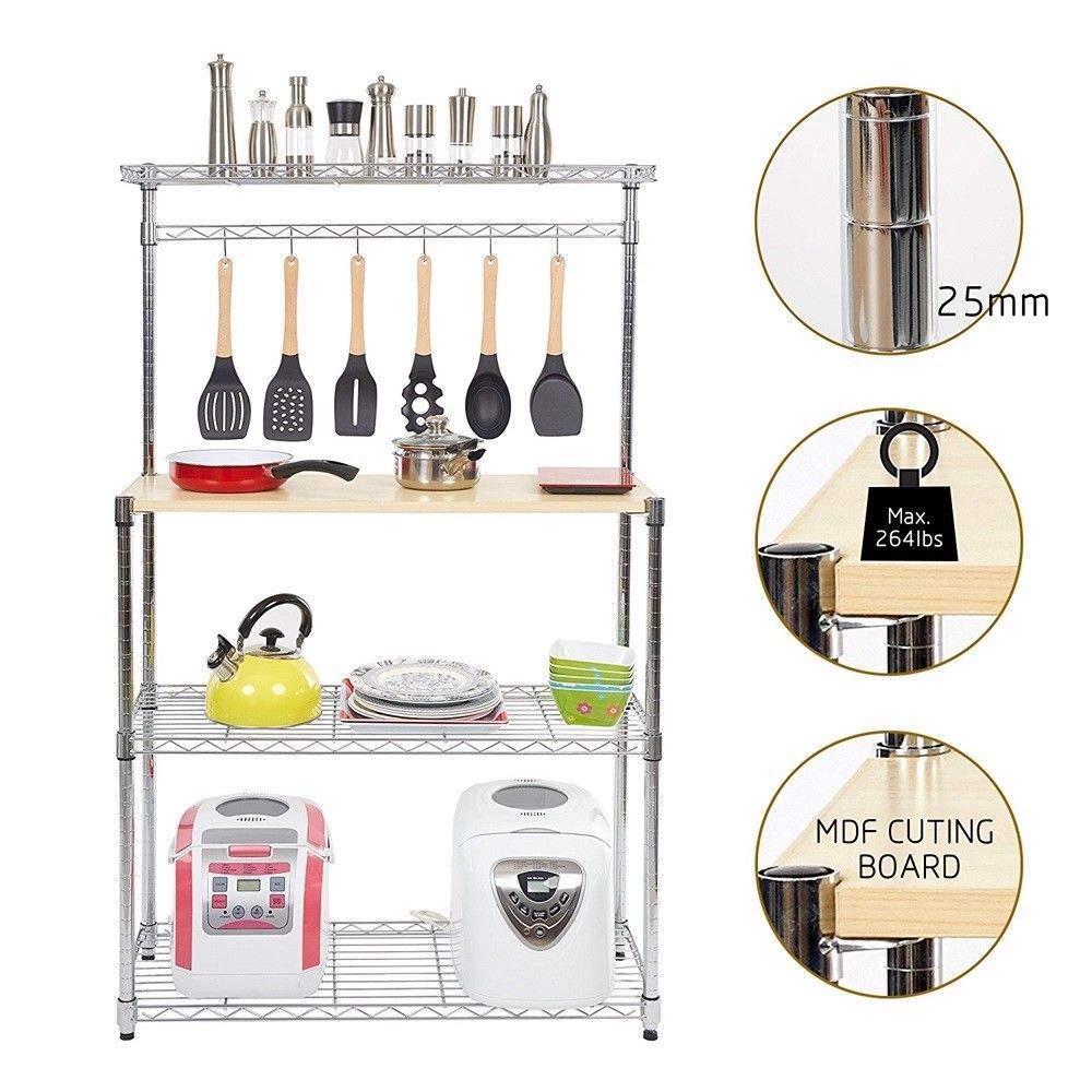 4-Tier Adjustable Kitchen Cart with Spice Rack, Cutting Board & Hooks - Heavy Duty Baker Rack Storage Organizer for Microwave Oven, Pantry & Small Space Kitchen Organization - Perfect for Apartments, Dorms & RV Living