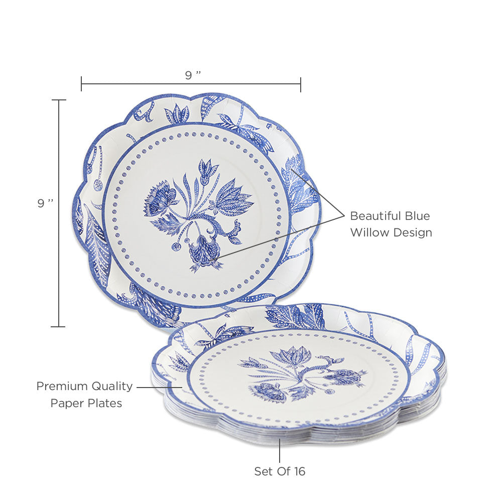 Blue Willow 9 Inch Premium Paper Plates - Set of 16 - Elegant Dinnerware for Parties, Picnics & Outdoor Events - BPA Free Disposable Plates for Weddings, BBQs & Family Gatherings