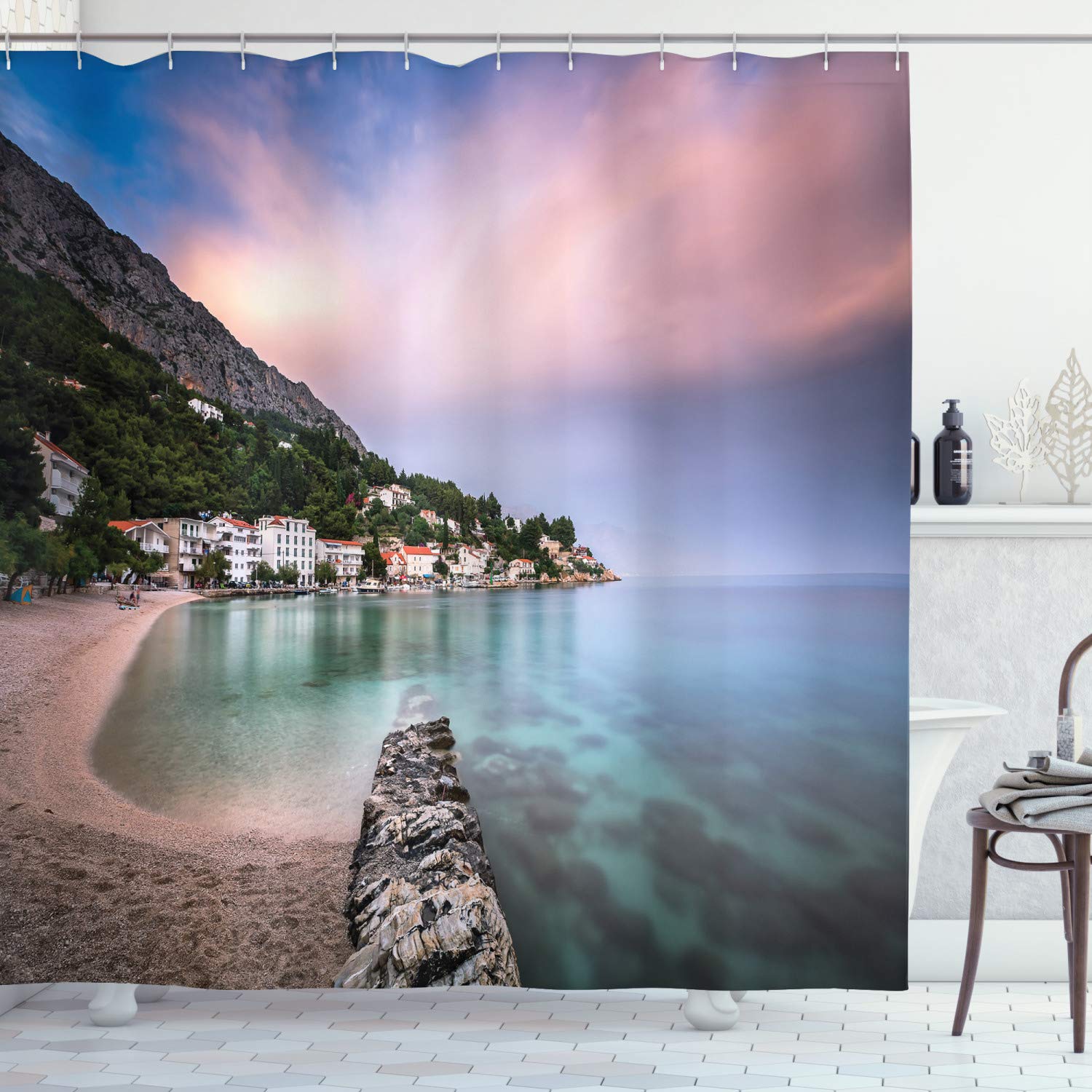 Ambesonne Croatia Shower Curtain - Adriatic Beach & Mimice Village Sunrise Design, 69
