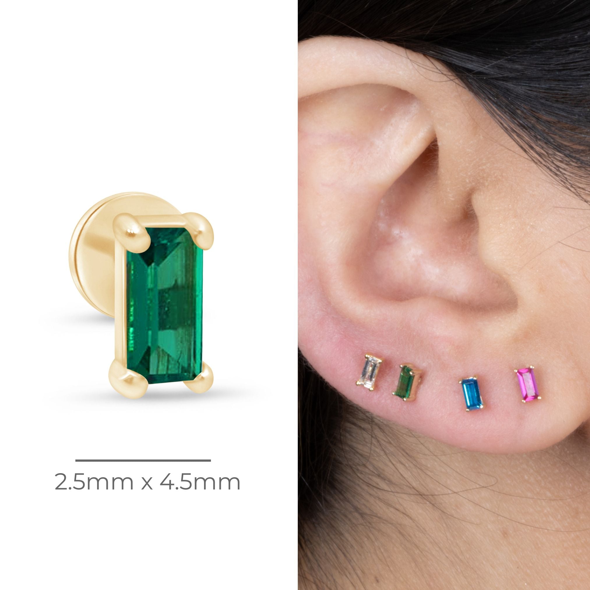 14K Solid Yellow Gold Emerald Baguette Flat Back Stud Earrings – Elegant Jewelry for Women, Perfect for Parties, Weddings & Everyday Wear