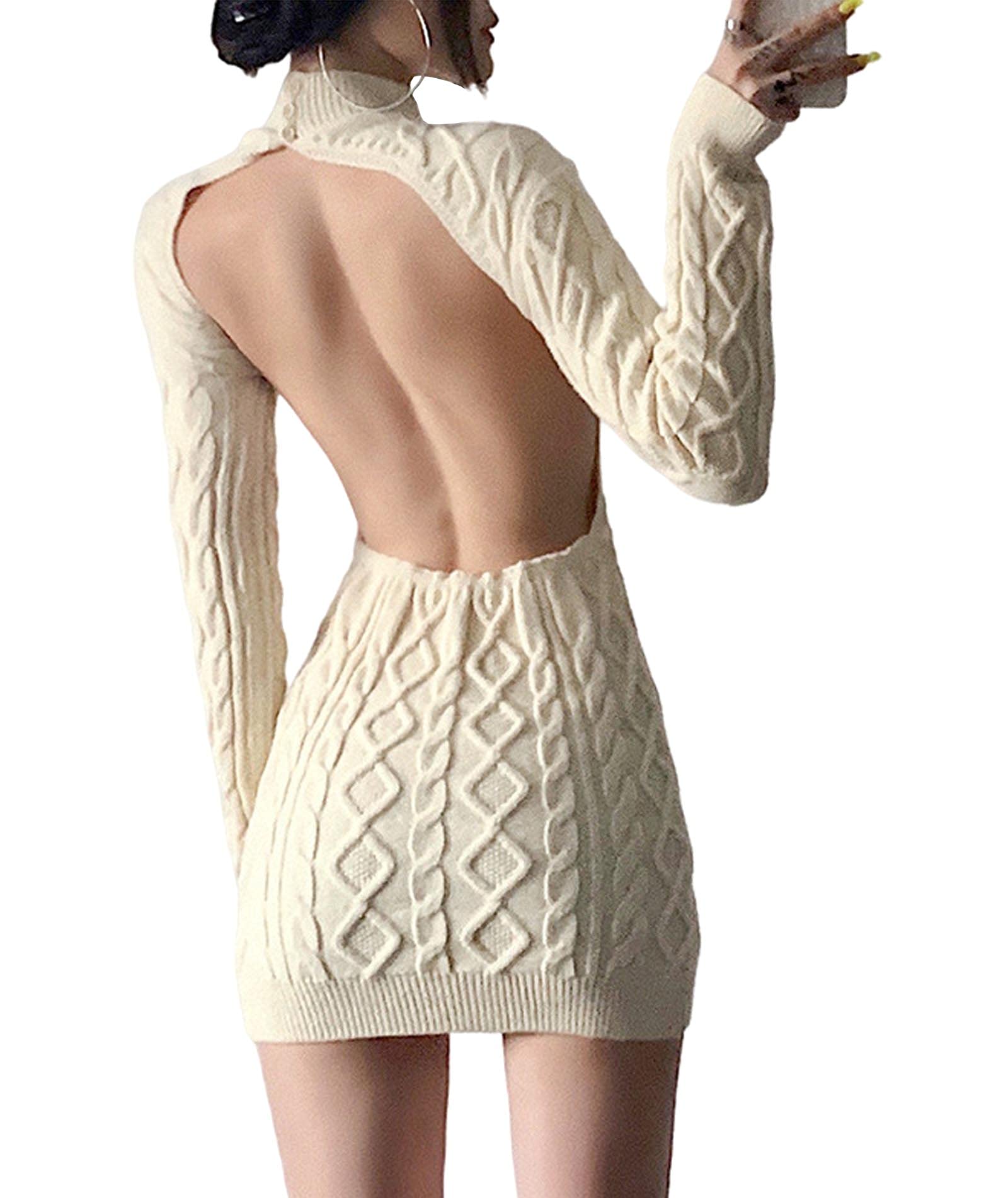 xxxiticat Women's Sexy Backless Cut Out High Neck Sweater Dress - Long Sleeve See Through Cable Knit Turtleneck Pullover (Perfect for Date Night, Club Wear & Winter Fashion)