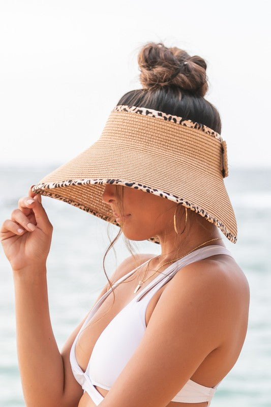 Foldable Straw Hat with Leopard Print Bow Visor - Summer Beach Hat for Women, Outdoor Sun Protection for Travel, Gardening, and Vacations
