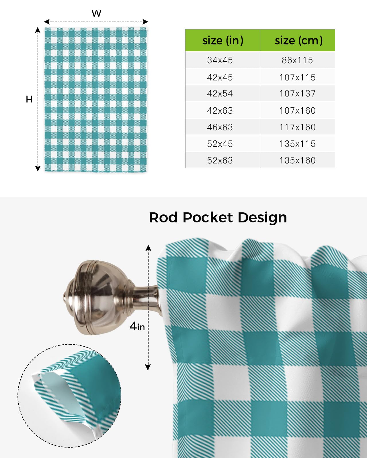 Farmhouse Style Teal Green Buffalo Check Plaid Tie Up Kitchen Curtains - Adjustable Window Shade with Rod Pocket for Small Windows (46