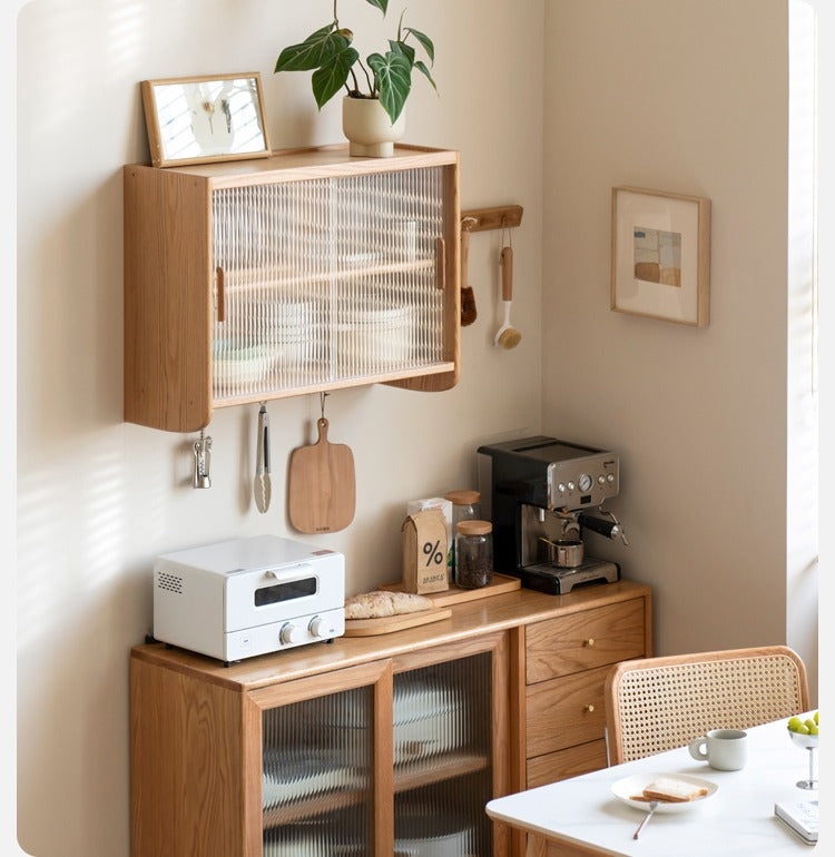 Solid Oak Wood Wall Mounted Sideboard - Rustic Farmhouse Entryway Storage Cabinet for Dining Room, Living Room & Hallway