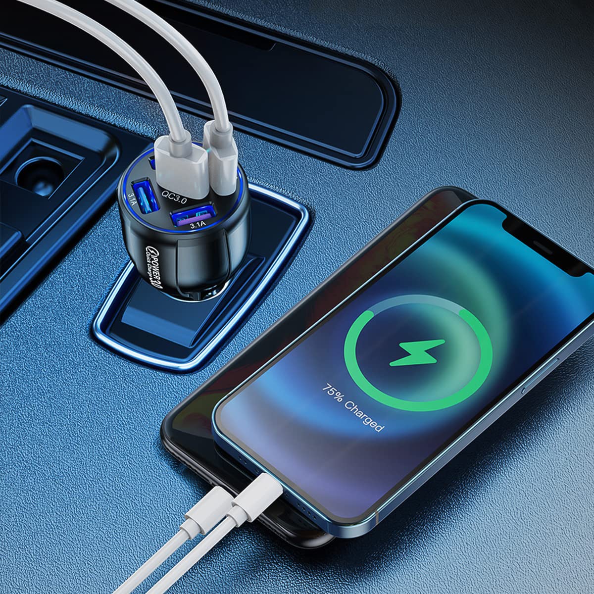 2 Pack QC 3.0 Fast Car Charger Adapter with 5 USB Ports - Dual Cigarette Lighter Charger for iPhone 13/12/11/Pro/Max, Samsung Galaxy, iPad, Camera & Car Accessories - Perfect for Road Trips & Multi-Device Charging (Blue, 2PCS)