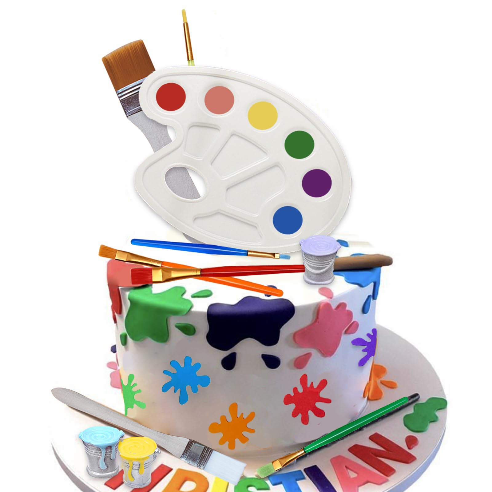 26 Pcs Art Cake Topper Set - Paint Cake Decorations with Paint Pen, Brush, Palette & Bucket for Kids Birthday, Baby Shower & Art Themed Parties - Perfect for DIY Cake Decorating and Creative Dessert Displays
