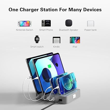 20W USB-C Fast Charging Station for iPhone 14/13/12, iPad, Kindle & Tablets - 4-Port Multi Device Charger with PD Technology | Perfect for Home, Office & Travel Use