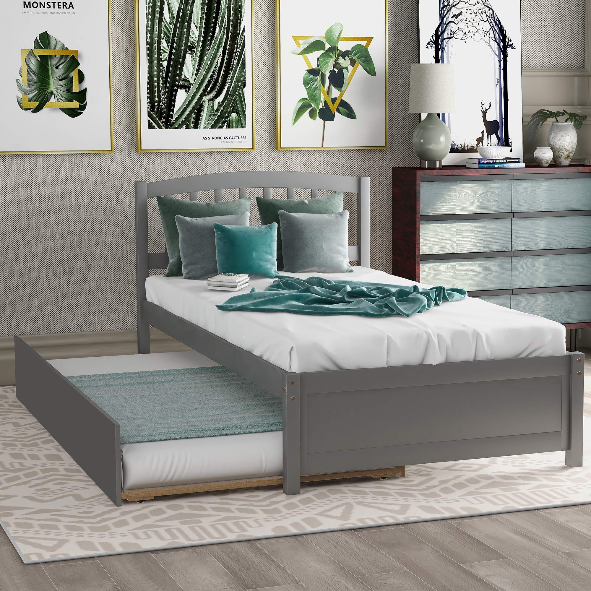 Solid Wood Twin Size Platform Bed with Headboard & Trundle - No Box Spring Needed - Space Saving Design for Small Rooms - Perfect for Kids, Teens & Adults Bedroom, Guest Room or Dorm