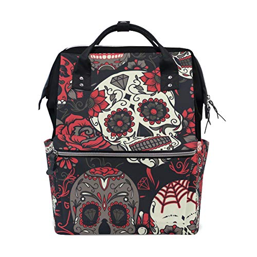 **MERRYSUGAR Diaper Backpack for Women & Men - Large Waterproof Baby Bag with Sugar Skull & Black Rose Design - Stylish & Durable Nursery Travel Backpack for Parents - Perfect for Daycare, Outings & Travel**
