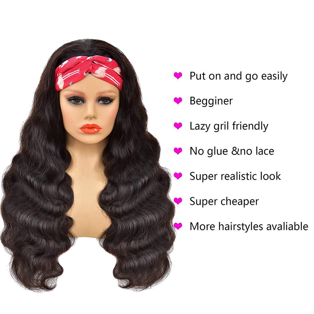 Glueless Body Wave Human Hair Headband Wig - 150% Density Brazilian Virgin Hair for Black Women | No Lace Front, Machine Made, 28 Inch | Perfect for Daily Wear, Parties & Protective Styling