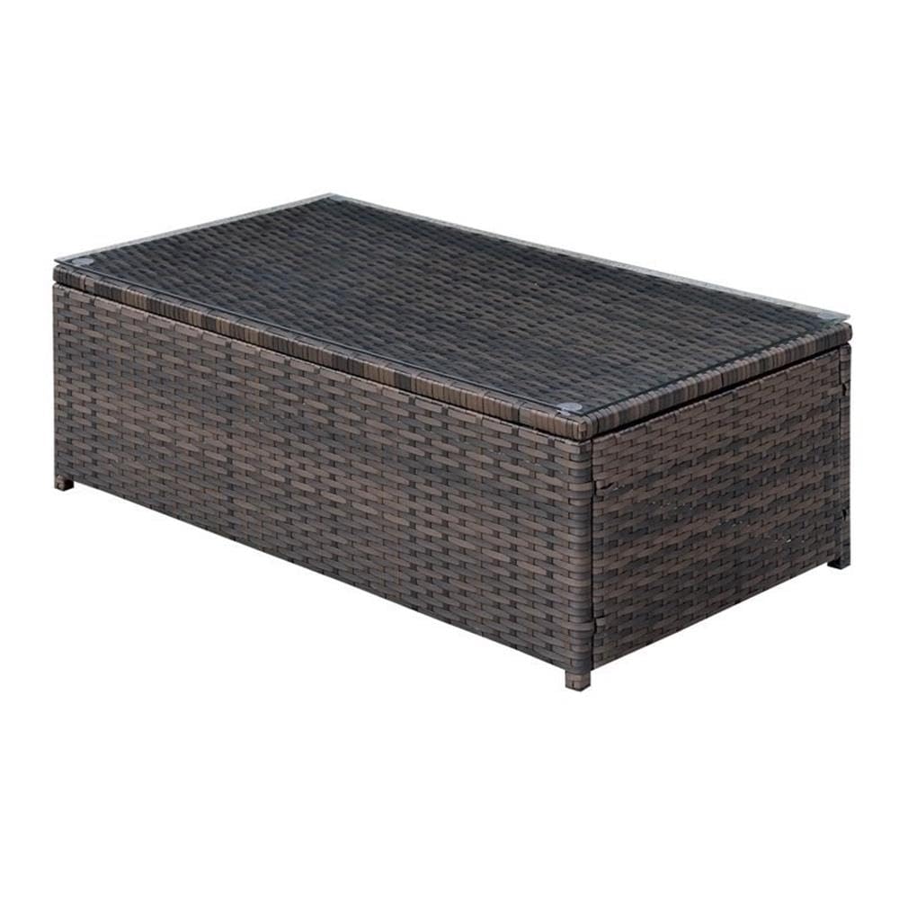 Brown and Beige Outdoor Patio Glass Top Coffee Table - Weather-Resistant Garden Furniture for Poolside, Deck, and Backyard Relaxation