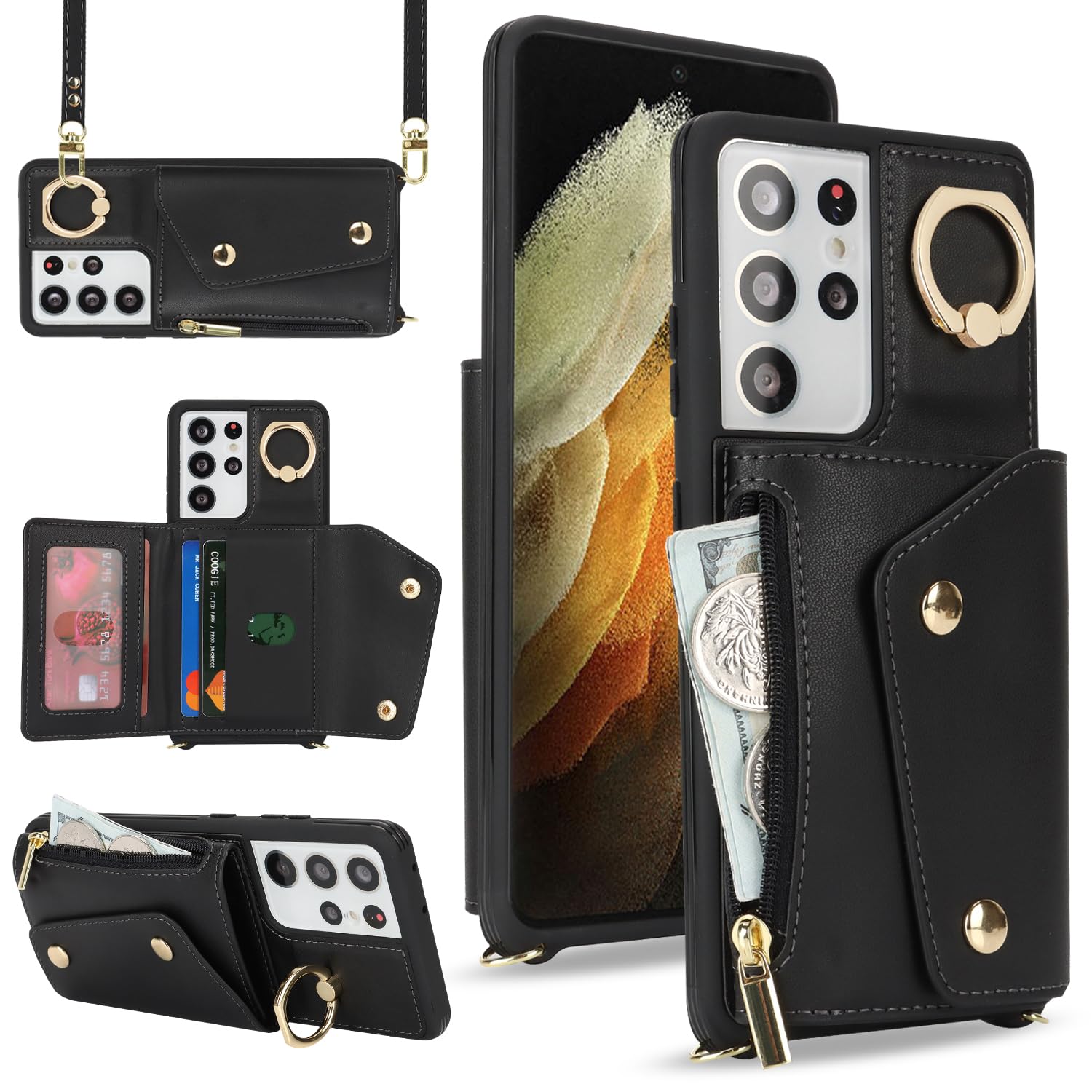 Samsung Galaxy S21 Ultra Wallet Case with Card Holder, Zipper Pocket & Crossbody Strap - 6.8 Inch Phone Wallet with Stand Ring for Women | Perfect for Travel, Shopping & Everyday Use (Black)