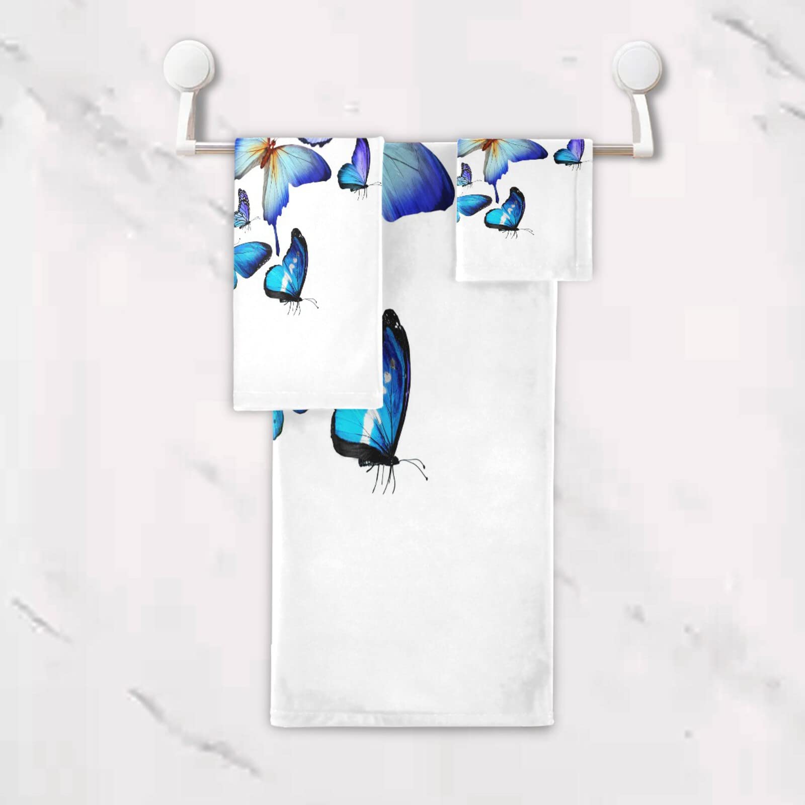 ALAZA Blue Butterflies Bath Towel Set - Luxury 3-Piece Decorative Set (1 Bath Towel, 1 Hand Towel, 1 Washcloth) - Ultra Soft & Absorbent for Bathroom, Hotel, Gym, Yoga & Spa - Perfect for Home Decor, Guest Towels & Self Care