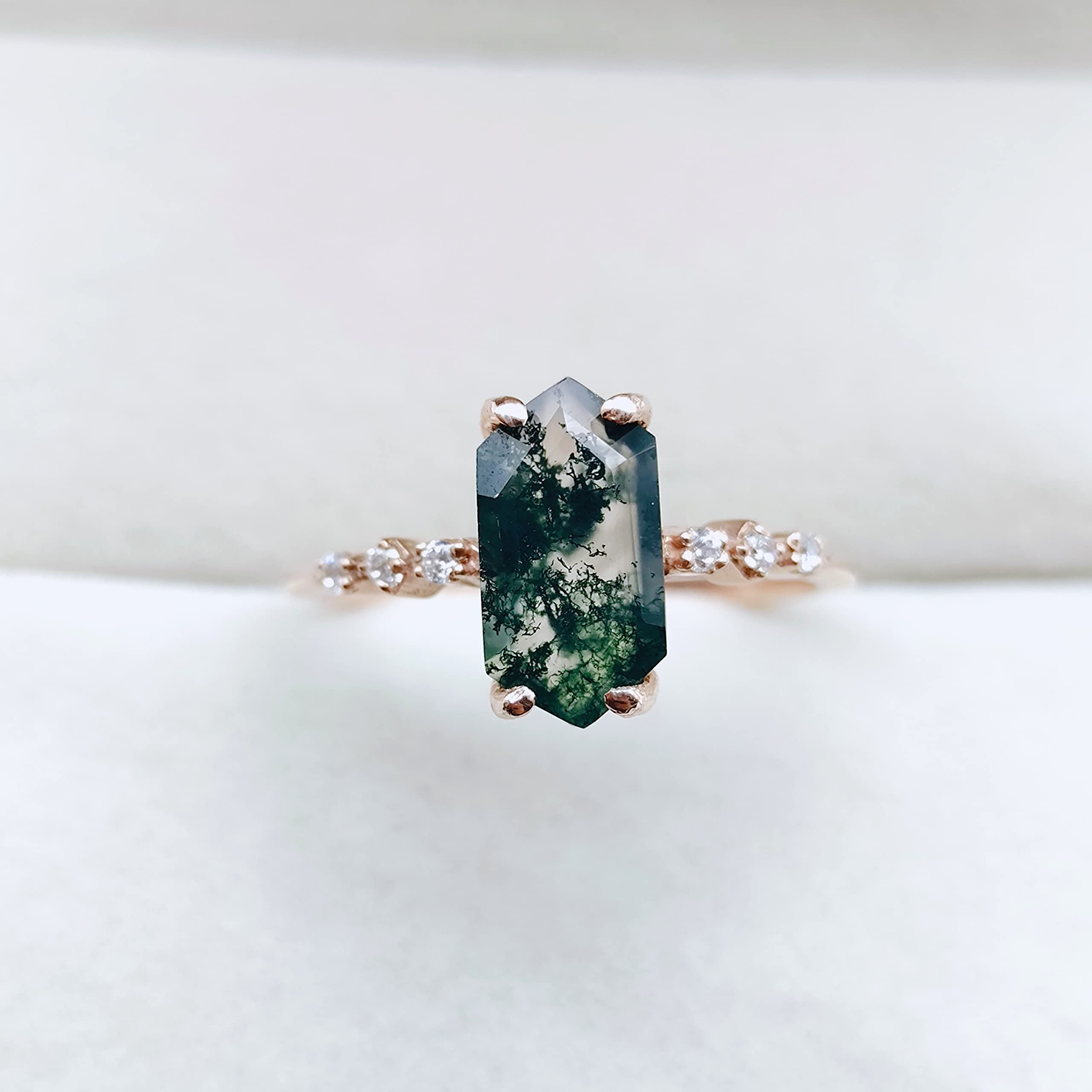 Natural Moss Agate Hexagon Ring for Women - Rose Gold, White, Green & Silver Stackable Promise Ring | Elegant Birthstone Jewelry Gift for Her, Anniversary & Special Occasions | Perfect for Stacking, Layering & Everyday Wear