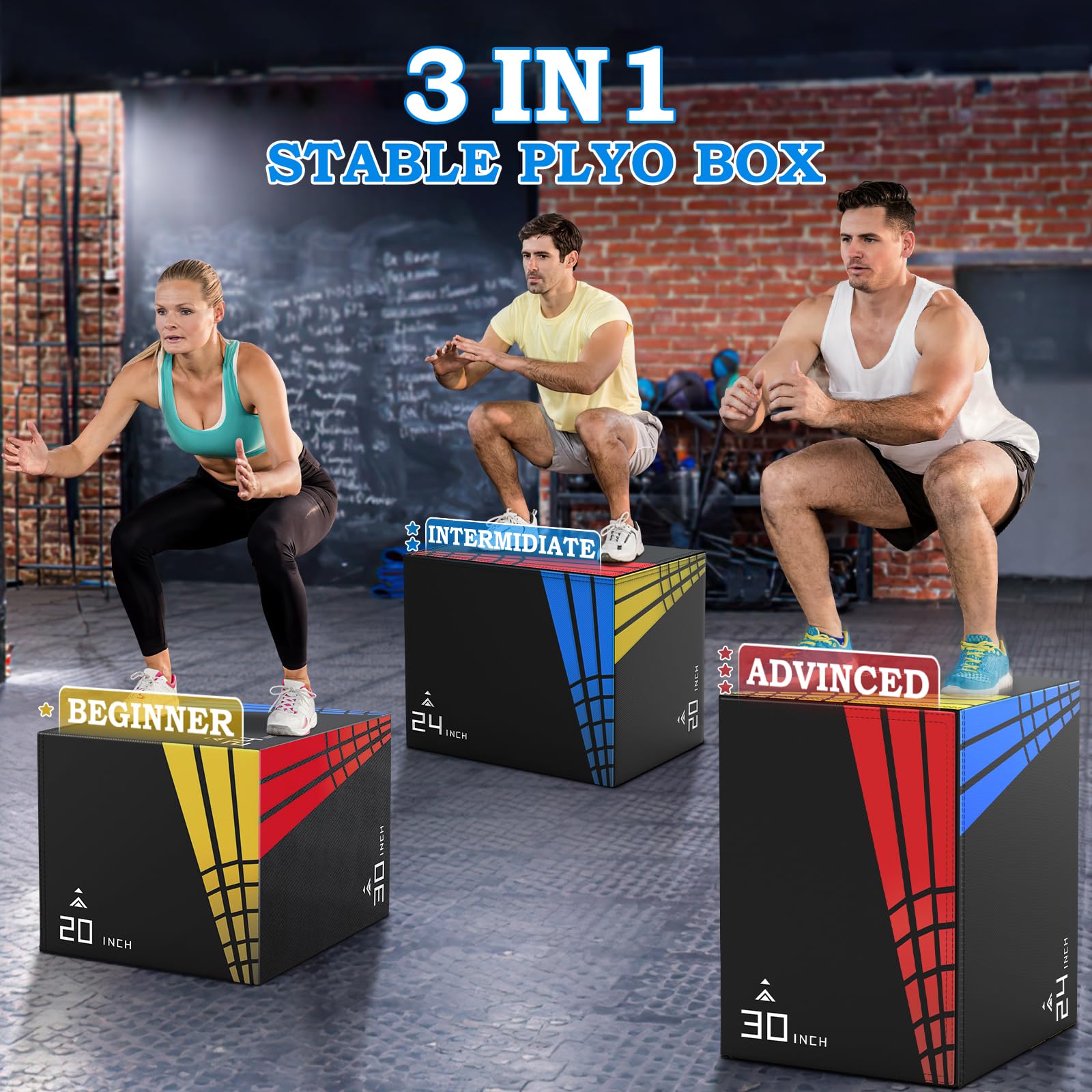 XDDAIS 3-in-1 Heavy Duty Foam Plyometric Box Set for Home Gym - 30”x24”x20”, 24”x20”x16”, 20