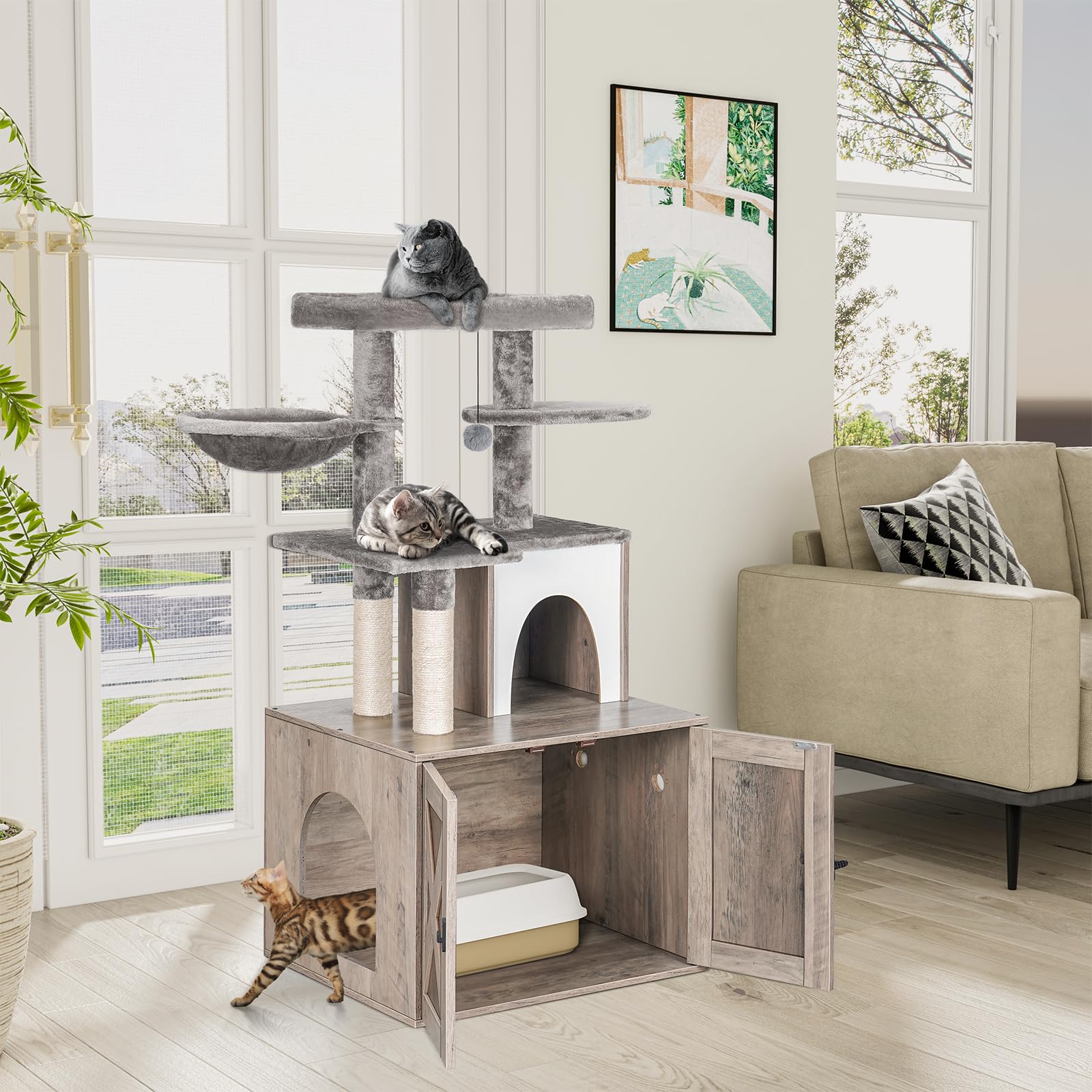 Snughome Wooden Cat Litter Box Enclosure with Tree Tower & Condo - Hidden Washroom Furniture with Sisal Scratching Post, Soft Plush Perch & Multi-Level Platforms - Grey Cat Furniture for Home Decor & Pet Comfort