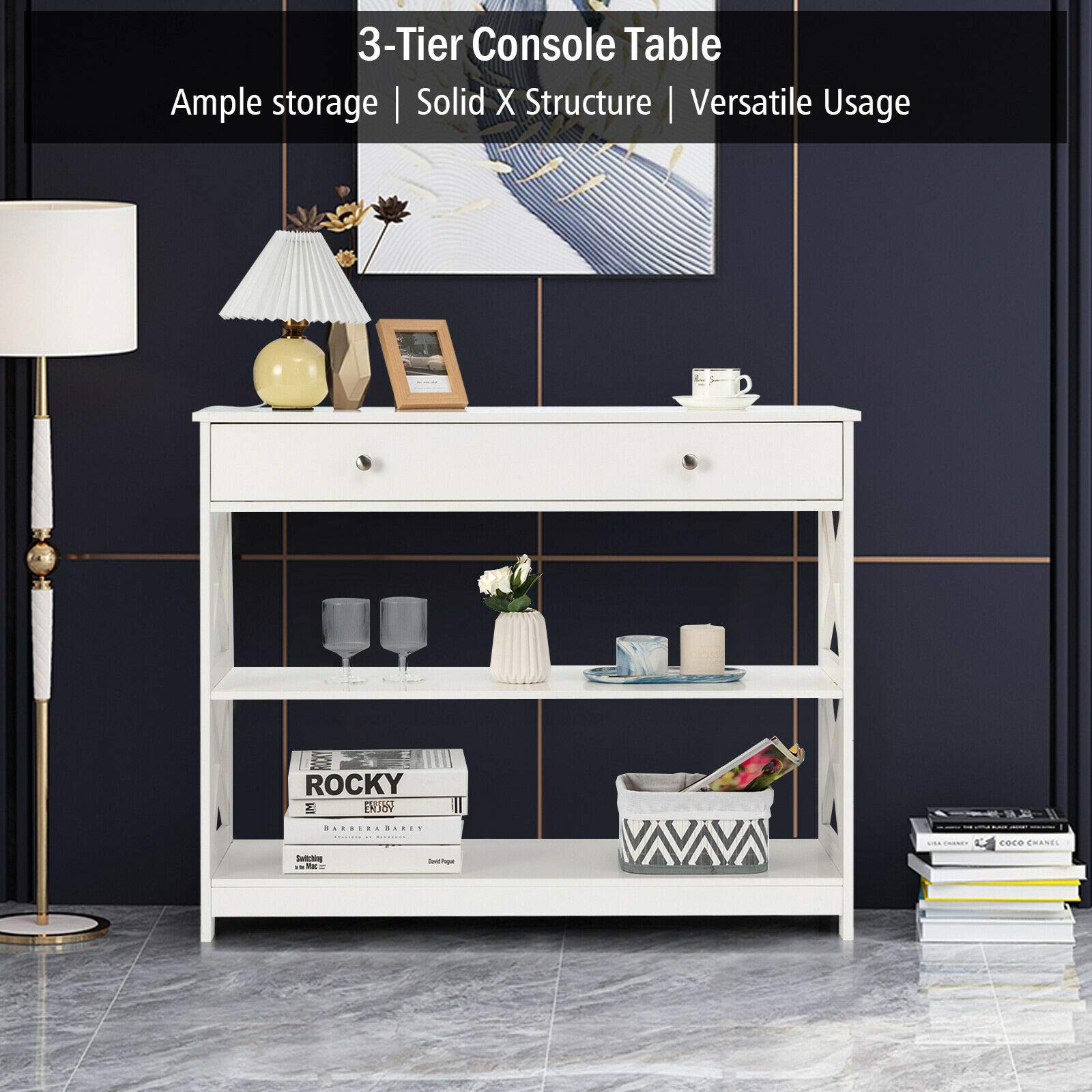 Elegant White Console Table with Storage Drawers & Shelves - Sturdy & Durable Sofa Accent Table for Living Room, Hallway, Entryway - Perfect for Home Decor & Organizing Keys, Books & Decorative Items