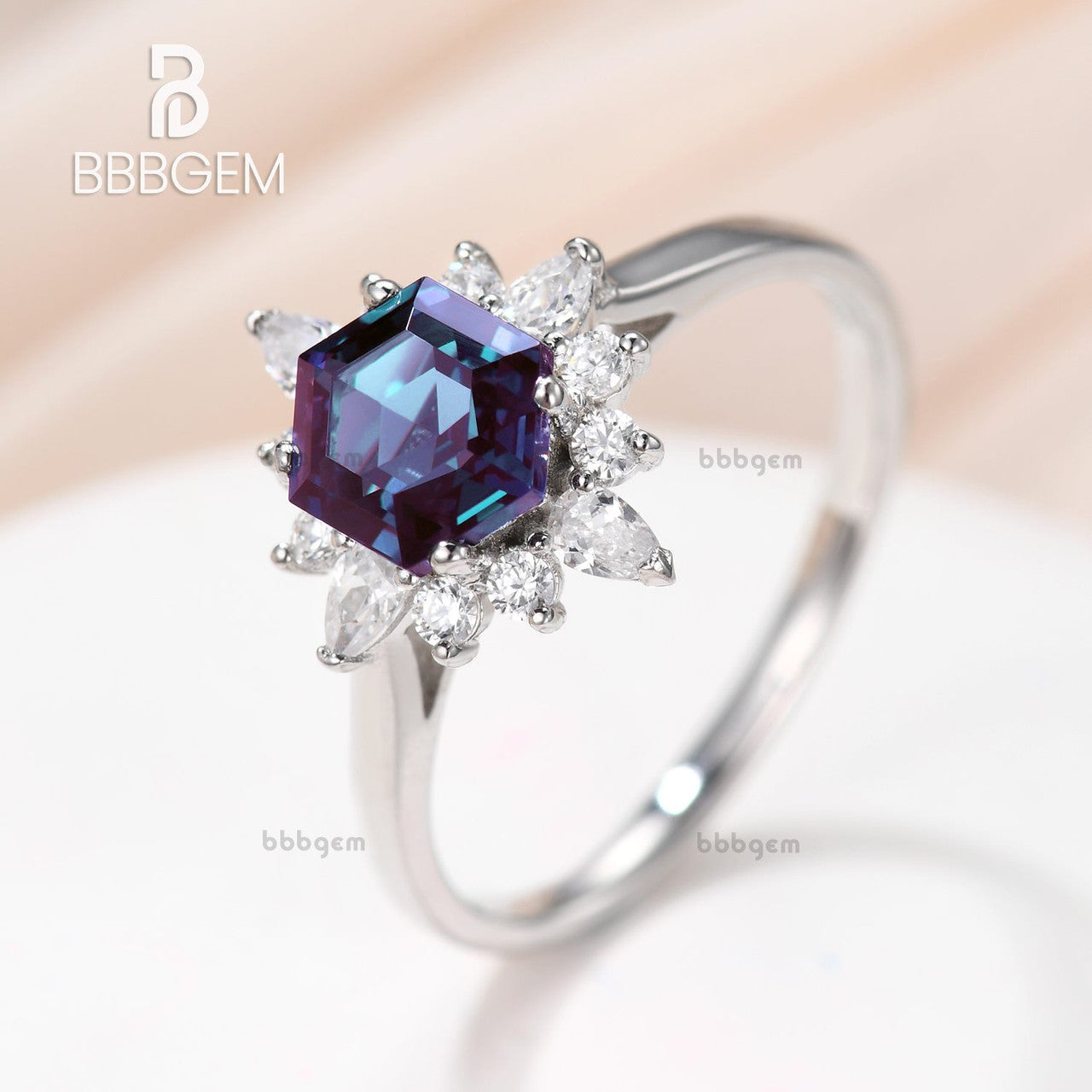 Vintage Floral Hexagon Alexandrite & Diamond Engagement Ring in 14K White Gold - Perfect for Proposals, Anniversaries & Special Occasions