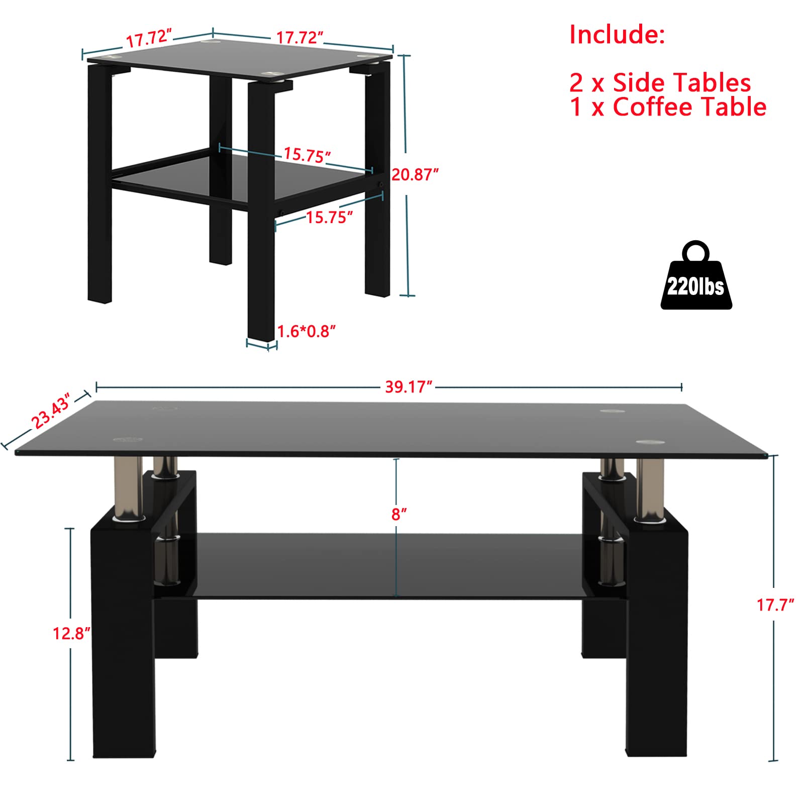 Modern Black Tempered Glass Coffee Table and End Tables Set - 3-Piece Square 2-Tier Living Room Furniture for Home Office | Perfect for Small Spaces, Apartments & Contemporary Decor