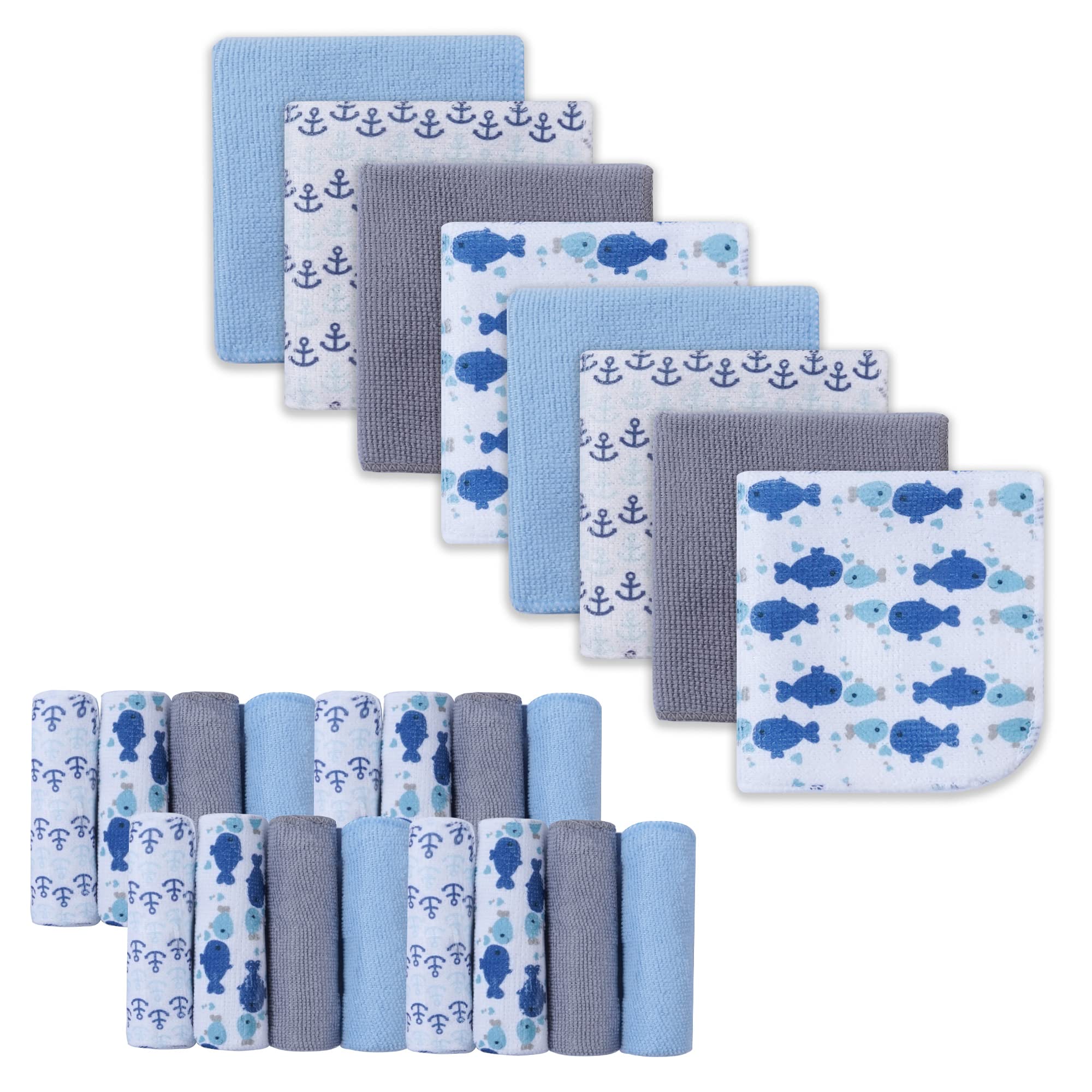 24-Pack Ultra Soft Baby Washcloths - Extra Absorbent & Gentle for Sensitive Skin | 9x9 Inch Whale & Anchor Design | Unisex Face & Body Towels for Boys & Girls | Perfect for Bath Time, Diaper Changes & Gentle Skin Care