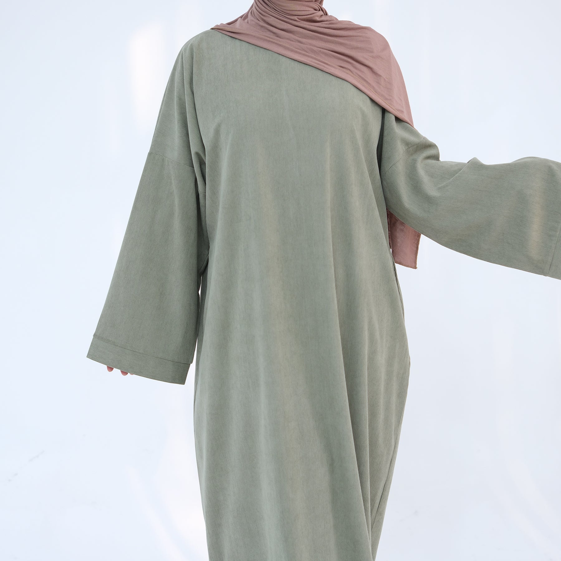 Annan Corduroy Abaya Dress for Women - Elegant Long Sleeve Maxi Dress in Sage Green | Perfect for Prayer, Modest Fashion, and Special Occasions