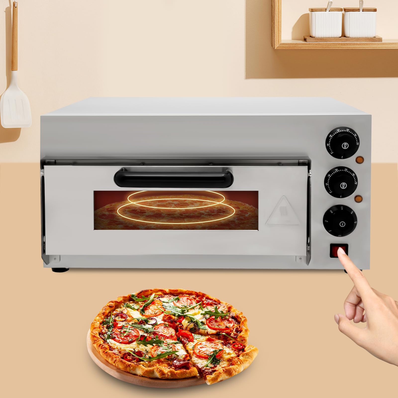 1300W Electric Countertop Pizza Oven - Stainless Steel Commercial Single Deck Pizza Cooker for Home & Restaurant - Perfect for Baking Pizza, Chicken, Bread - Adjustable Temperature Control - Ideal for Small Kitchens, Food Trucks & Outdoor Cooking
