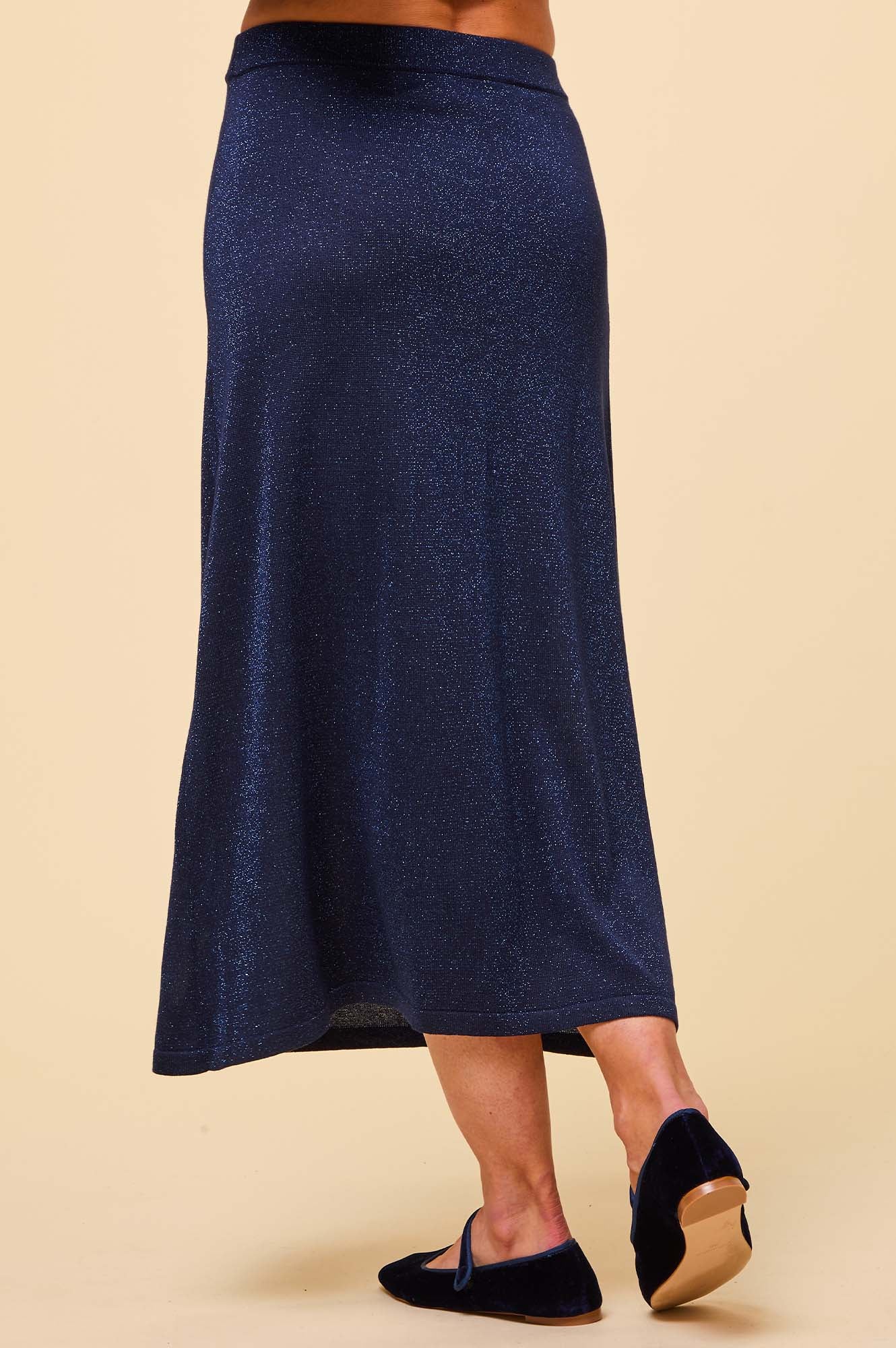 Metallic Knit Skirt for Women - Navy Blue Stretchy Midi Skirt with High Waist | Perfect for Office Wear, Party Outfits & Casual Dates