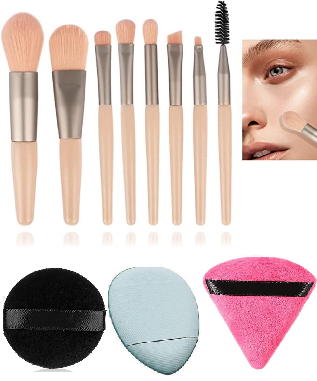 Beautiflame 8-Piece Professional Makeup Brush Set with Pouch, Round Cotton Powder Puff, Soft Triangle Powder Puff & Finger Makeup Blender Sponge - Perfect for Foundation, Contouring & Everyday Makeup Application