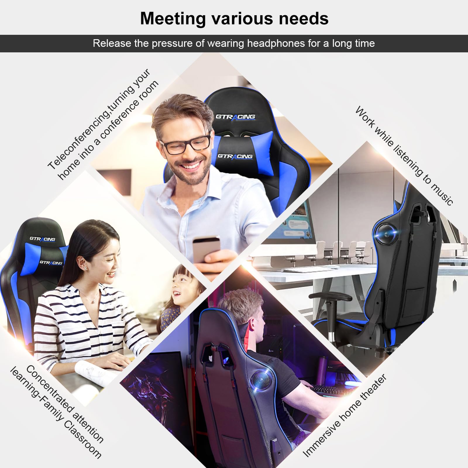 GTRACING Bluetooth Gaming Chair with Built-in Speakers - Ergonomic Video Game & Office Computer Desk Chair - Heavy Duty Design (Blue) - Perfect for Gaming, Streaming & Home Office Work