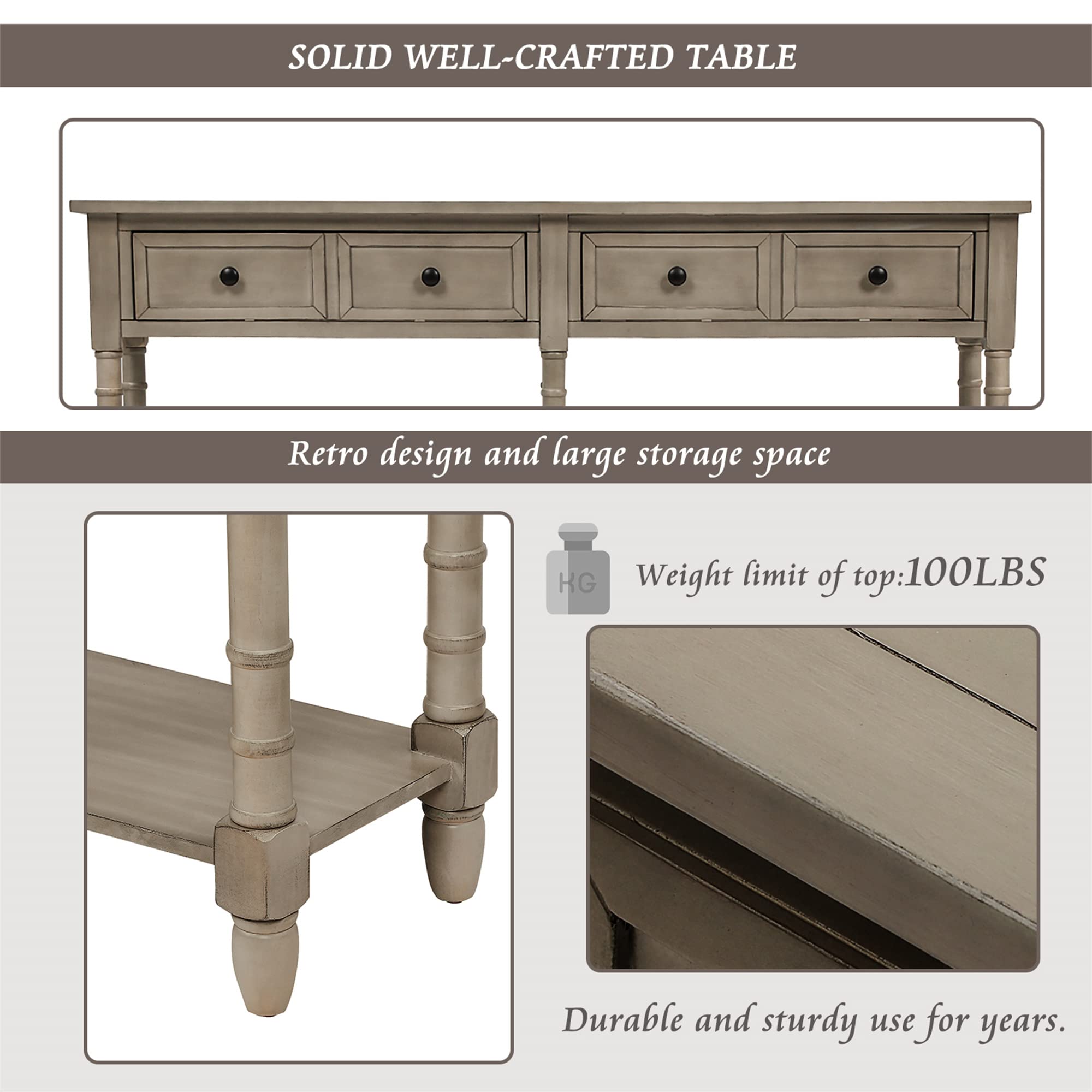 Modern Grey Wash Console Table with 2 Storage Drawers & Bottom Shelf - Entryway Sofa Table for Living Room, Hallway | Easy Assembly Home Decor for Small Spaces & Apartments