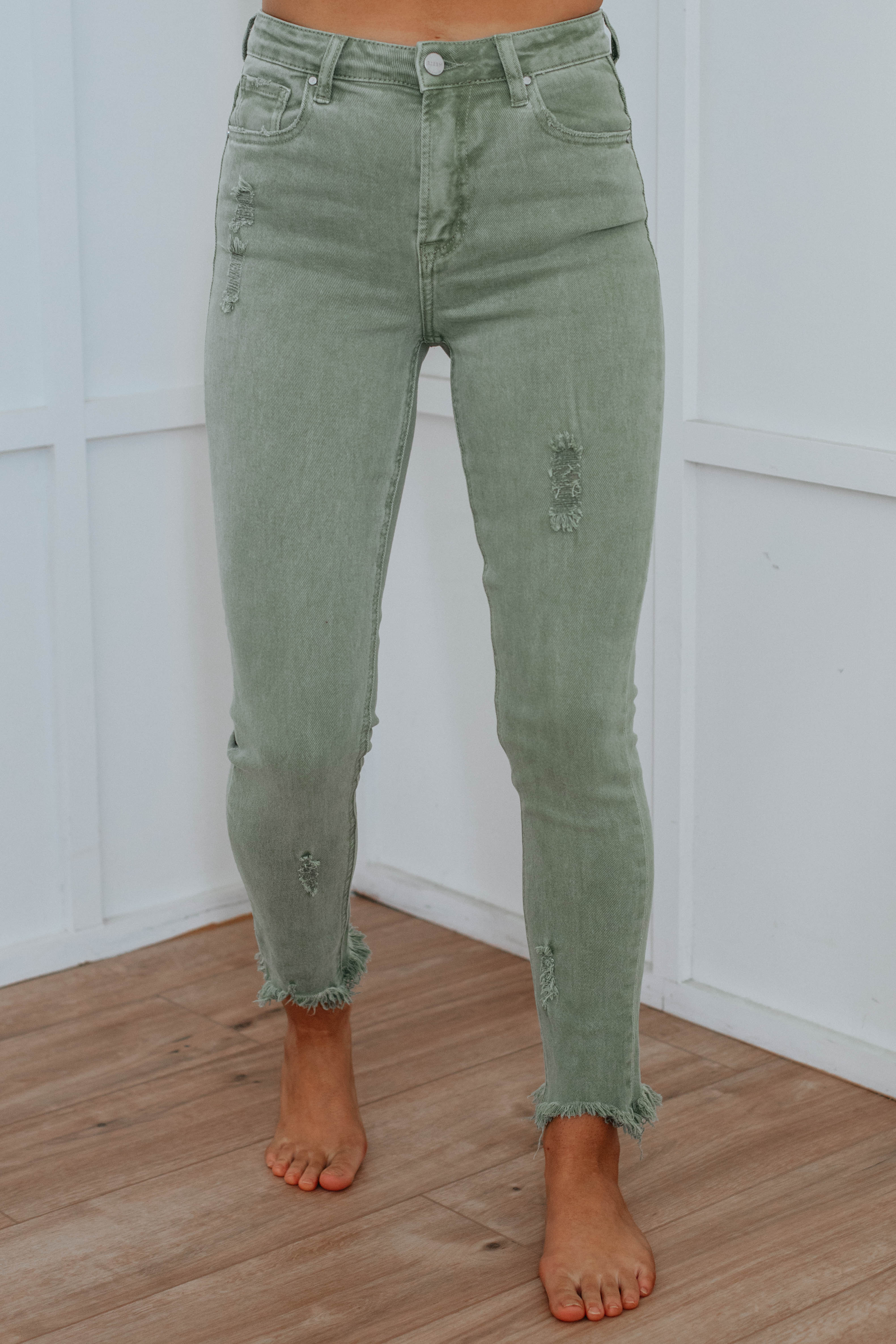 Daisie Risen Women's High Waist Olive Green Stretch Jeans - Comfortable Slim Fit Denim Pants for Casual Wear & Everyday Outfits