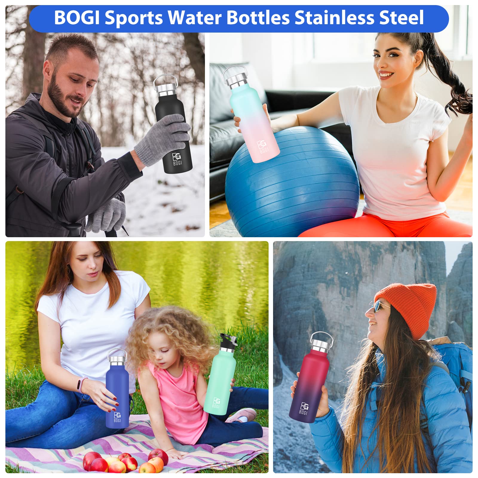 BOGI 20oz Insulated Stainless Steel Water Bottle 2 Pack - Leakproof Wide Mouth Metal Bottle with Straw & Handle, BPA Free - Perfect for School, Gym, Hiking, Camping & Outdoor Activities