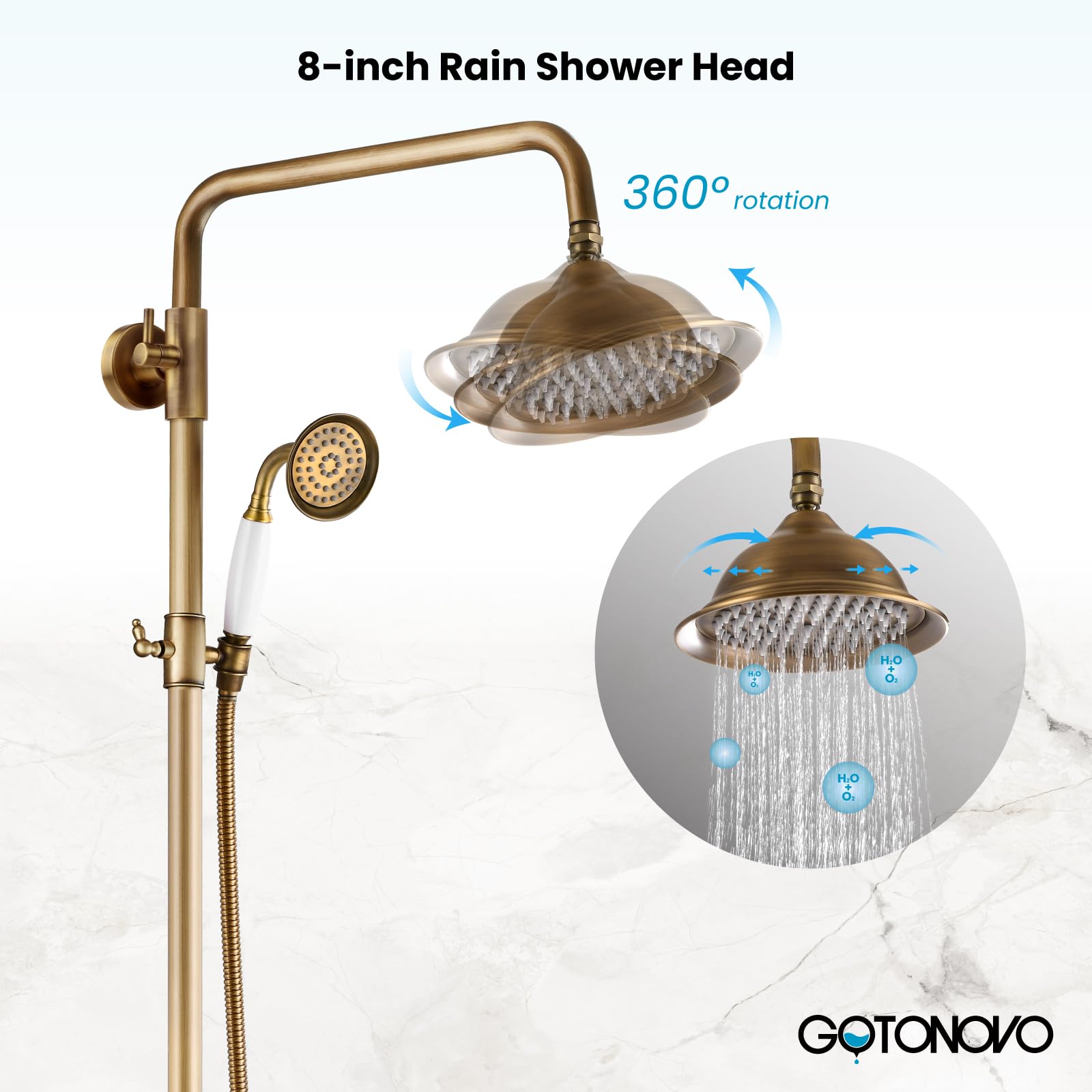 Gotonovo 8 Inch Antique Brass Exposed Shower Faucet System - Wall Mounted Double Cross Handle with Adjustable Rain Shower Head & Handheld Sprayer, 2 Functions & Built-in Shelf | Perfect for Vintage Bathroom Renovation & Spa-Like Shower Experience