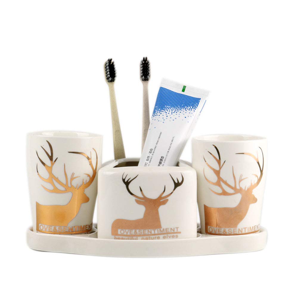 Vintage Ceramic Bathroom Accessories Set - 4 Piece Golden Deer White Vanity Decor with Tumbler, Tray & Soap Dish | Elegant Home & Hotel Bathroom Decor for Countertop Organization