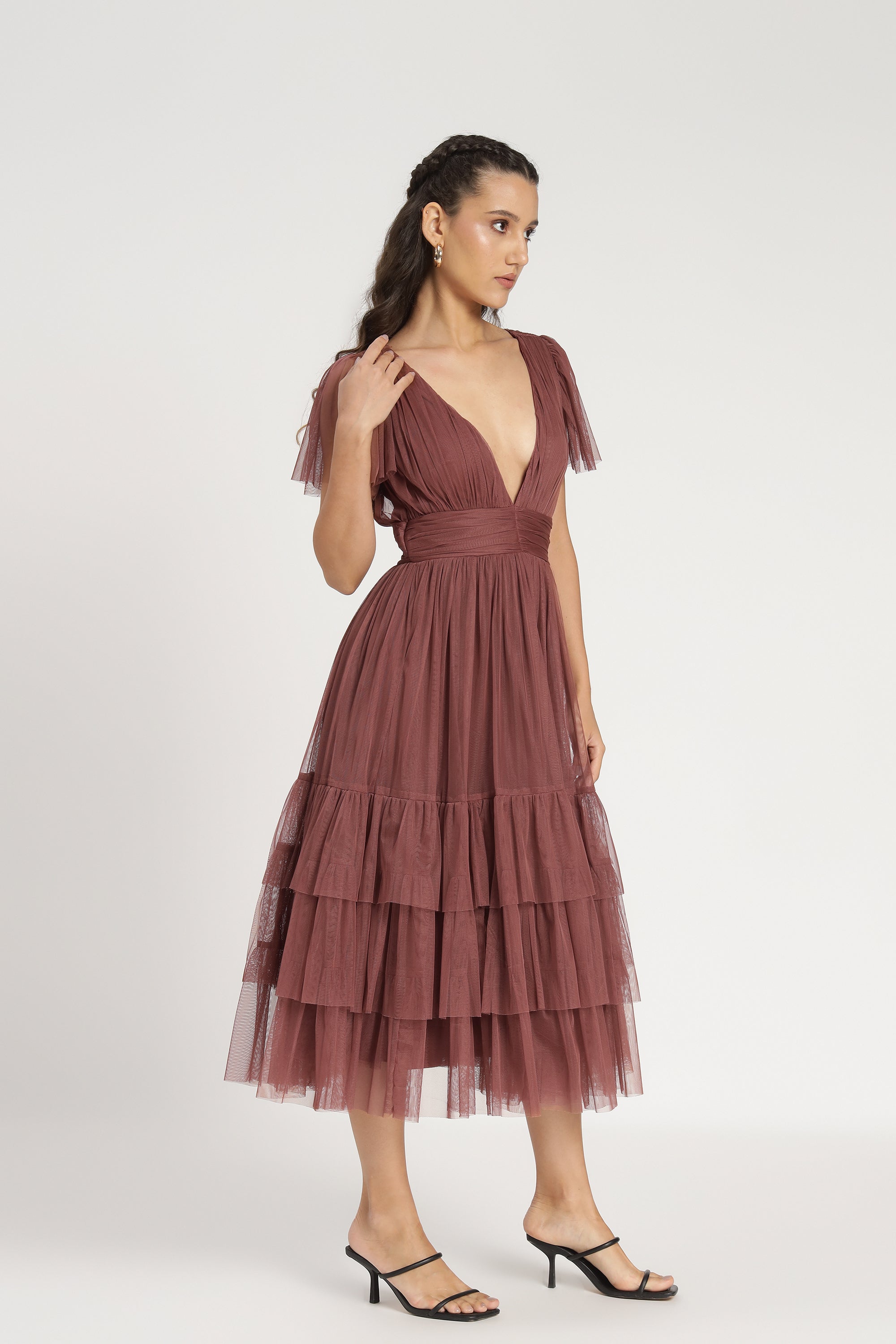 Madison Rose Brown Tulle Bridesmaid Midi Dress - Elegant Tea-Length Formal Gown for Weddings, Prom & Special Occasions