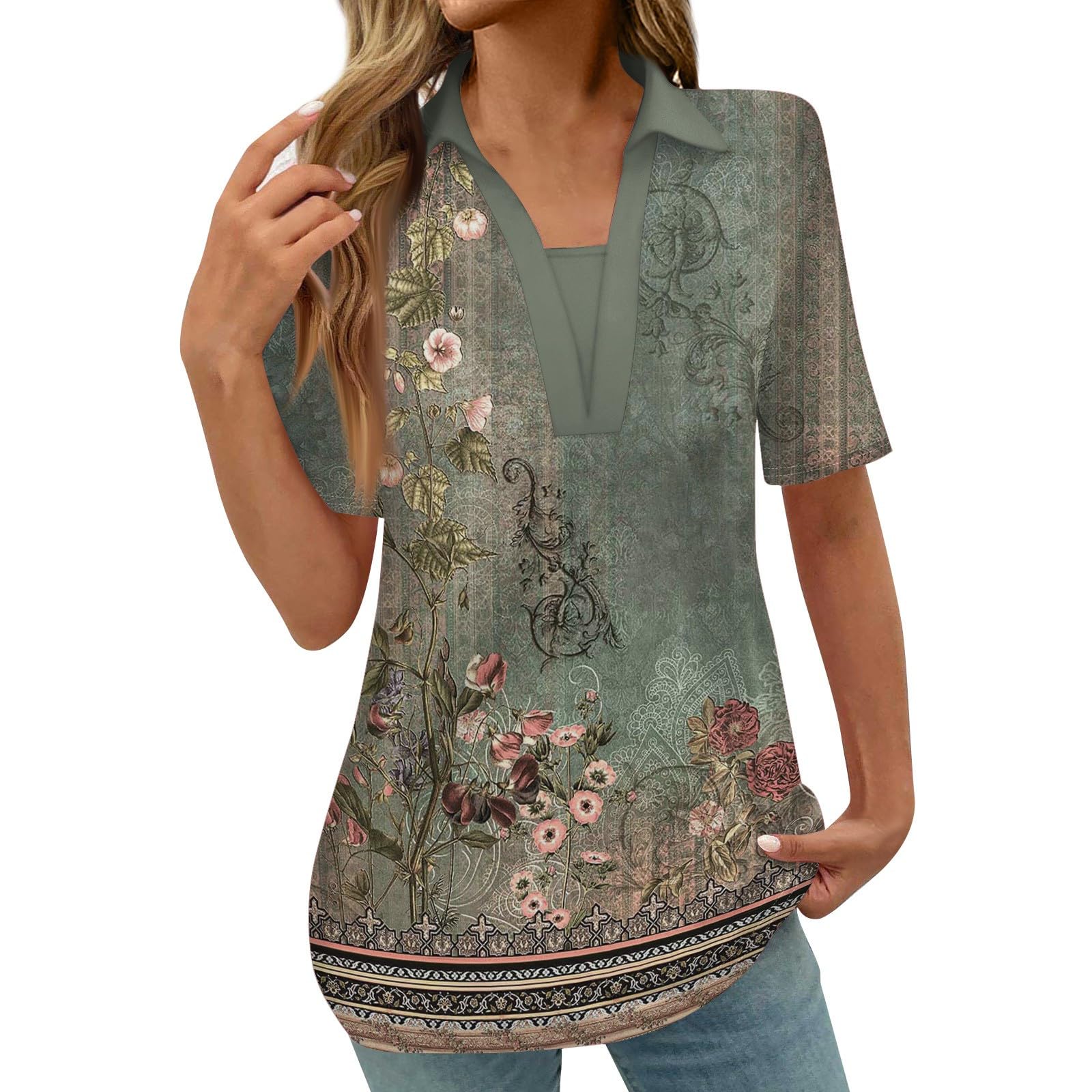 2024 Women's Floral Boho Short Sleeve Summer Tops - Trendy Blouses & Casual Tunic T-Shirts for Vacation, Beach, and Everyday Wear