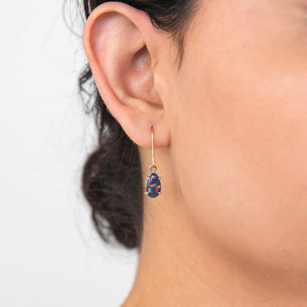 9ct Yellow Gold 10x7mm Triplet Opal Hook Drop Earrings for Women - Elegant Dangling Jewelry for Parties, Weddings & Special Occasions