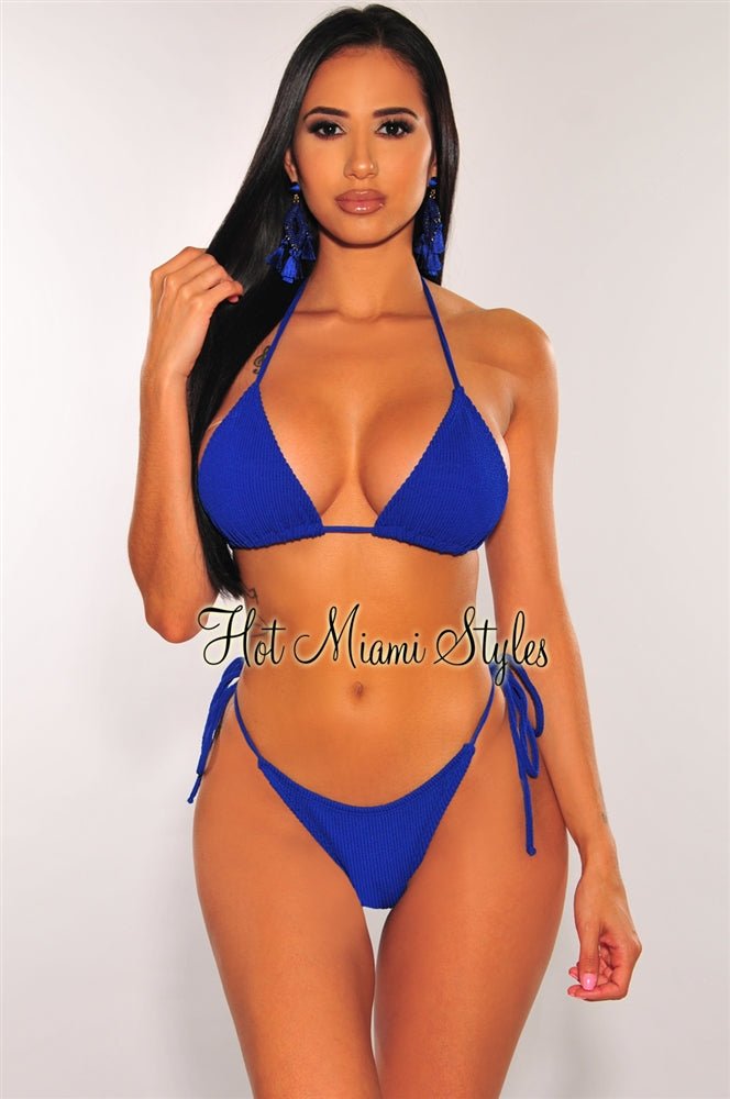 Royal Blue Ribbed Triangle Adjustable Thong Bikini Top for Women - Sexy Swimwear for Beach, Pool & Summer Vacation