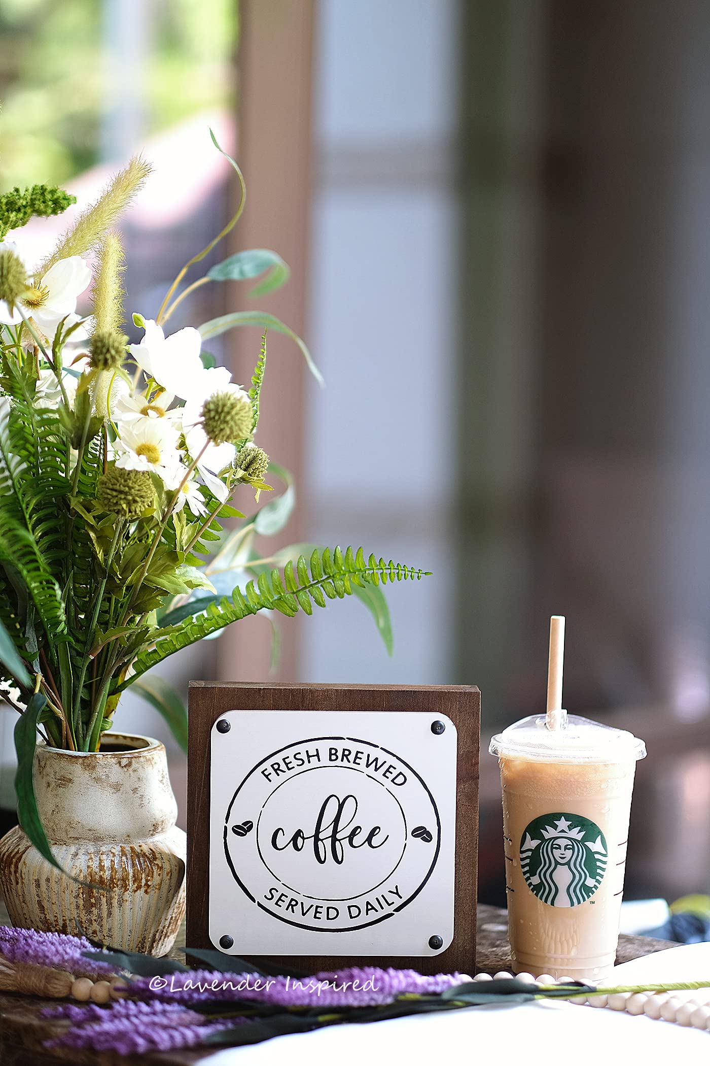 Lavender Fresh Brewed Coffee Sign - Rustic Wood Farmhouse Decor for Coffee Bar, Kitchen & Coffee Station - 7x7 Inch - Perfect for Home, Café & Office Décor