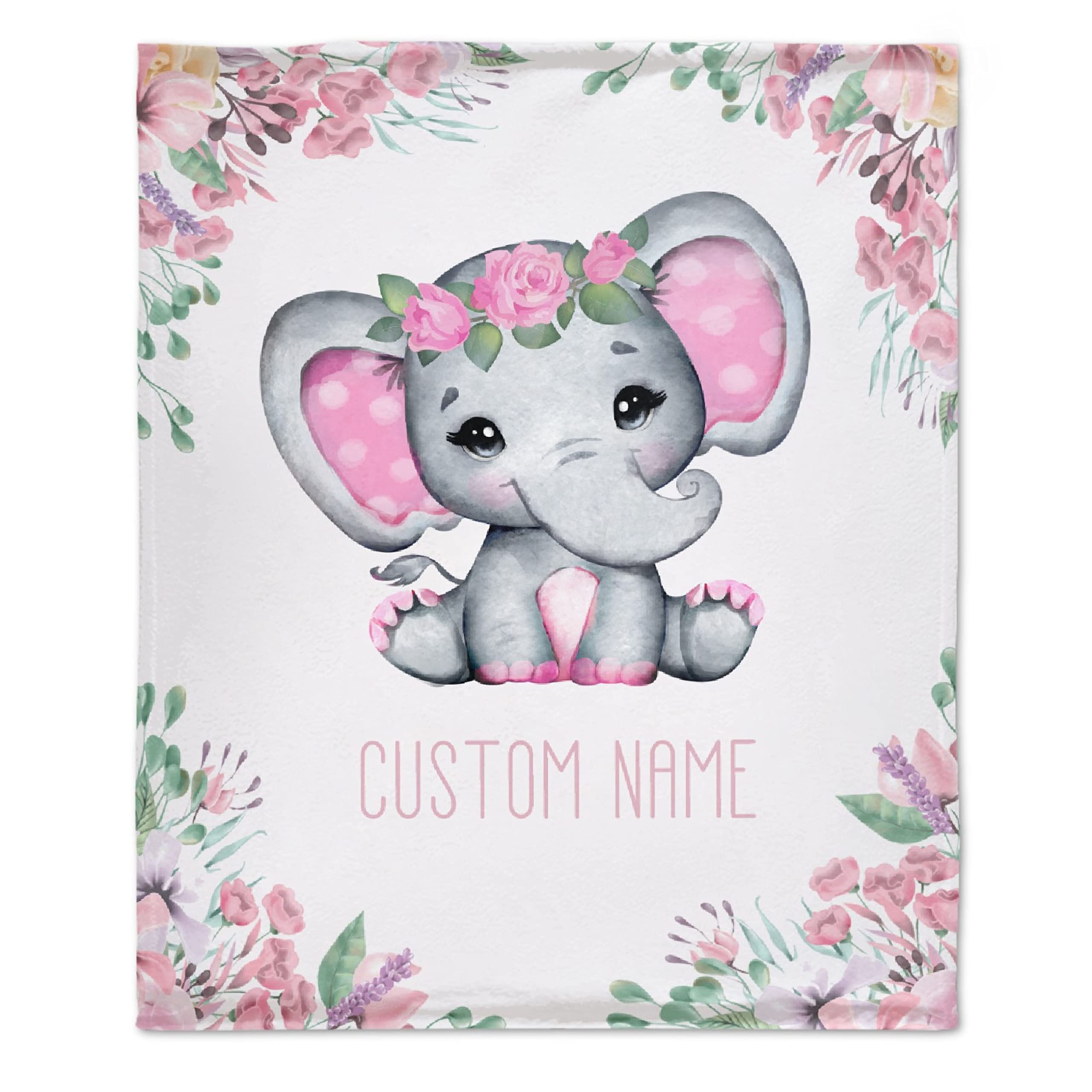 Personalized Baby Blanket with Name - Pink Floral Elephant Design Custom Fleece Blanket for Girls & Boys | Soft 120